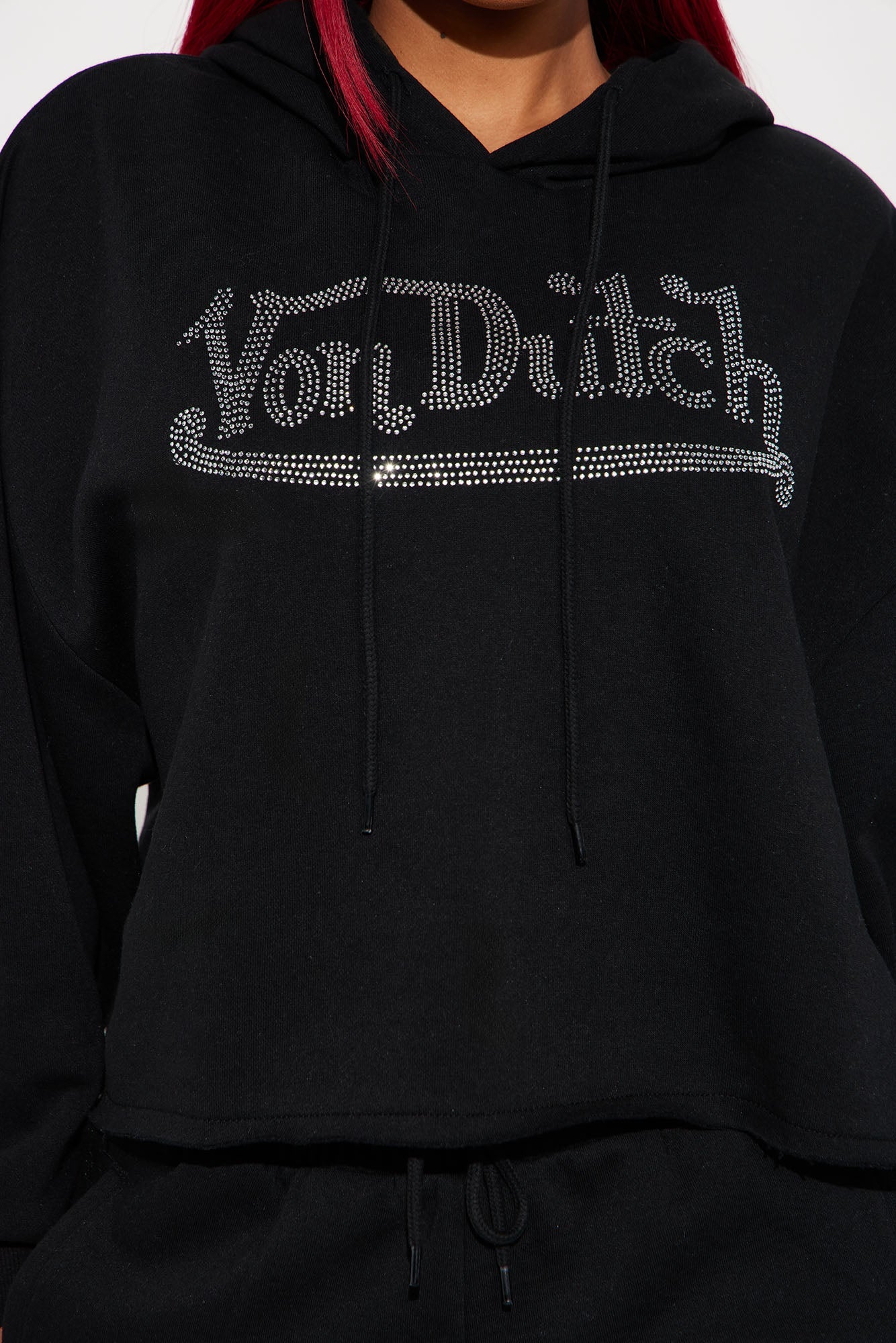 Von Dutch Rhinestone Cropped Hoodie - Black