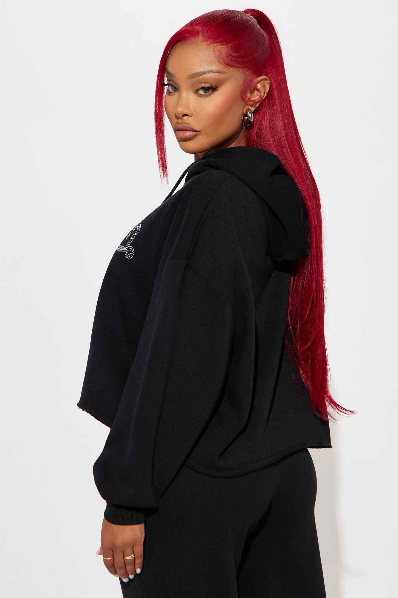 Von Dutch Rhinestone Cropped Hoodie - Black