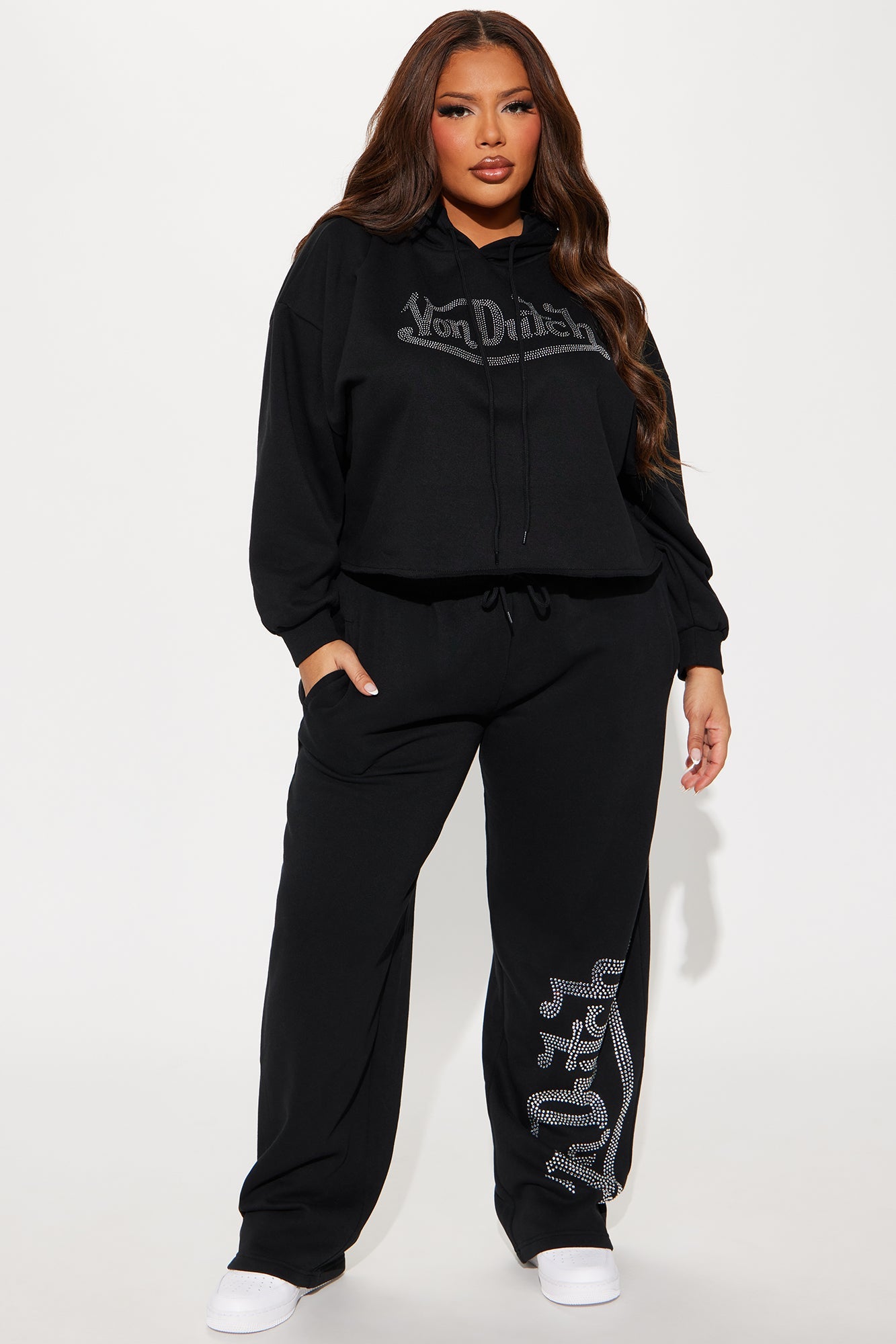Von Dutch Rhinestone Cropped Hoodie - Black