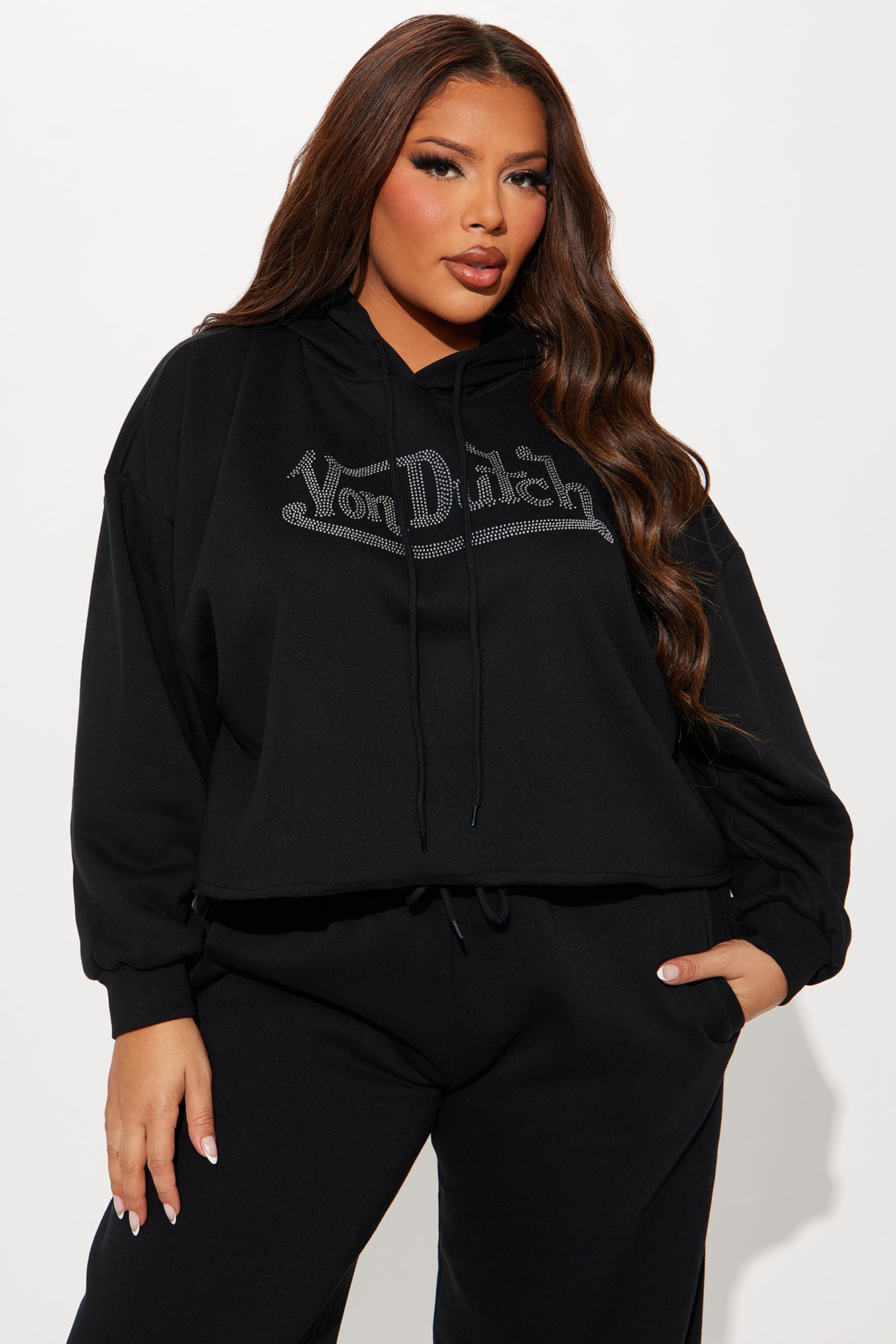 Von Dutch Rhinestone Cropped Hoodie - Black