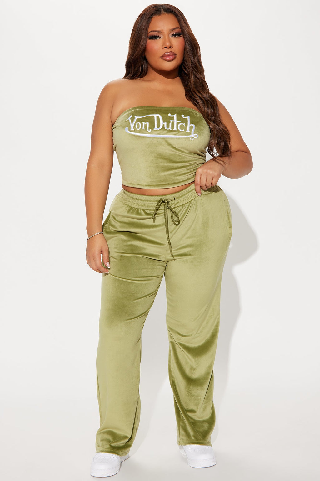 Von Dutch Velour Wide Leg Pant - Olive