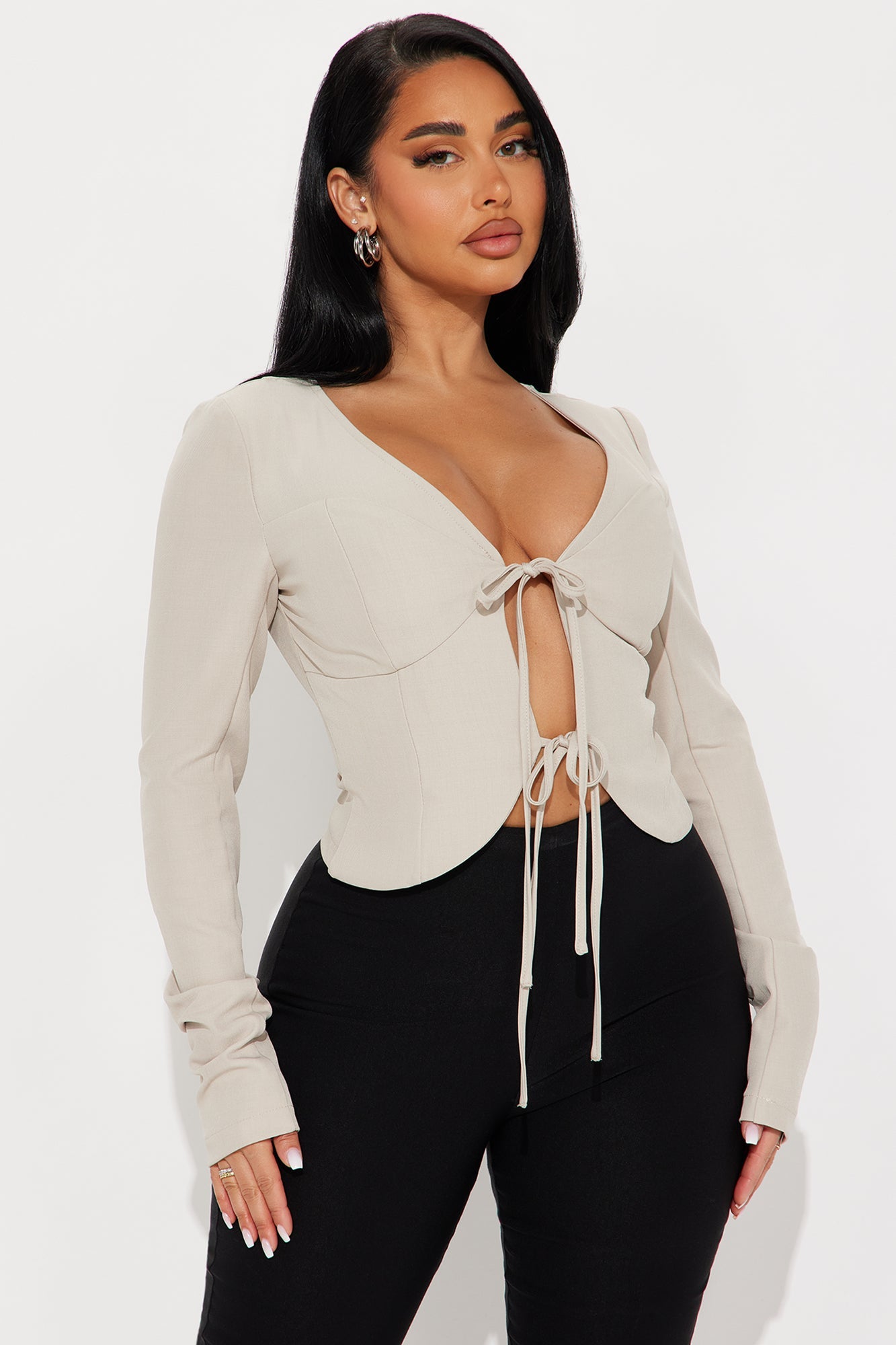 Kataya Tie Front Top - Stone