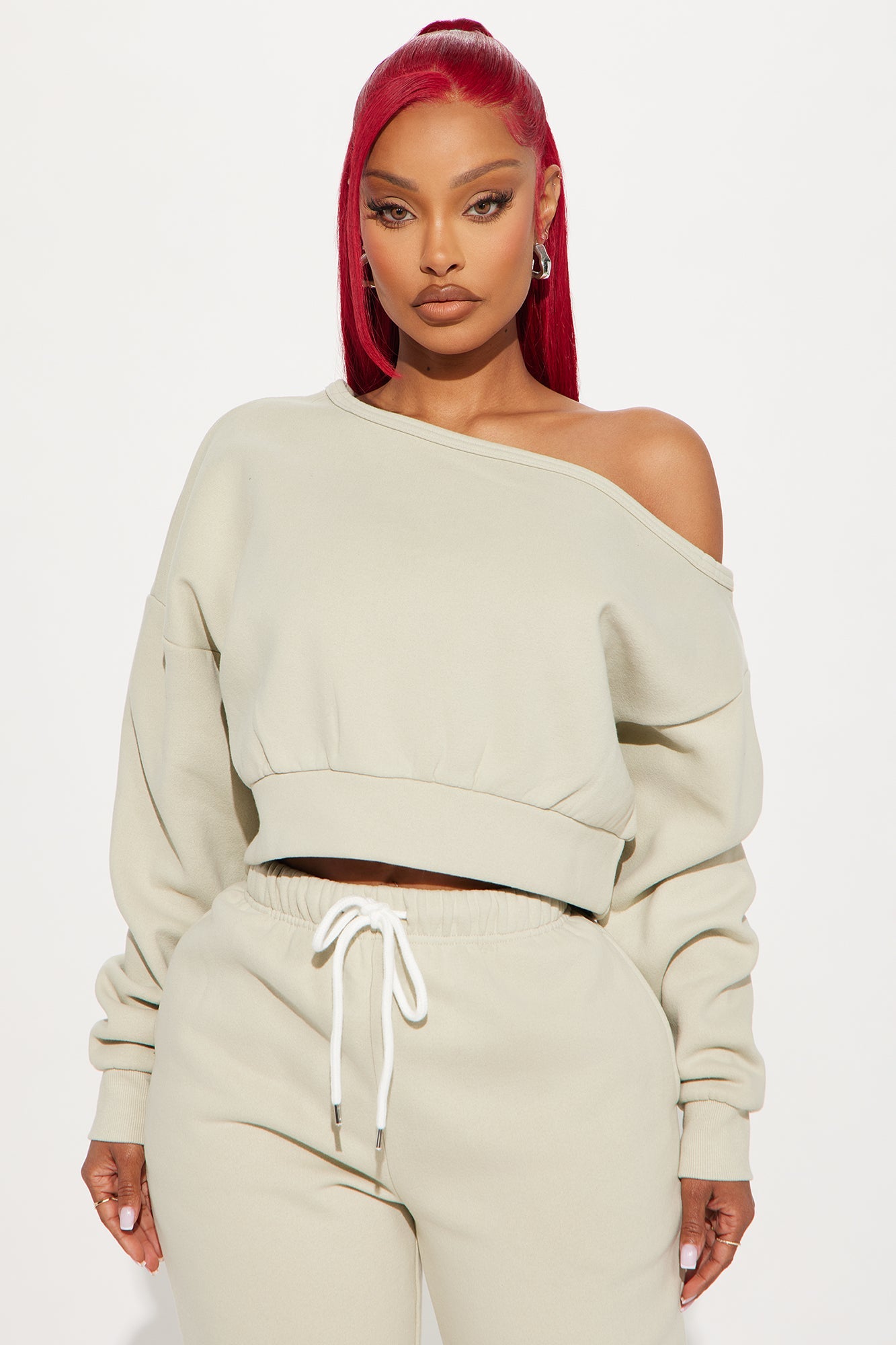Charlotte Off Shoulder Sweatsuit Set - Stone