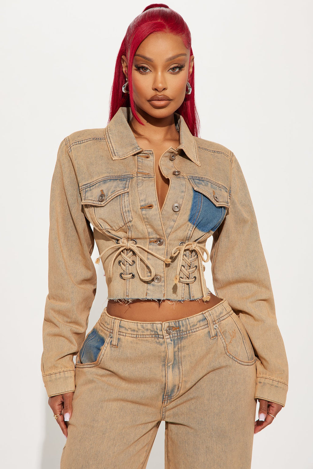 Big Attraction Tinted Lace Up Denim Jacket - Mocha