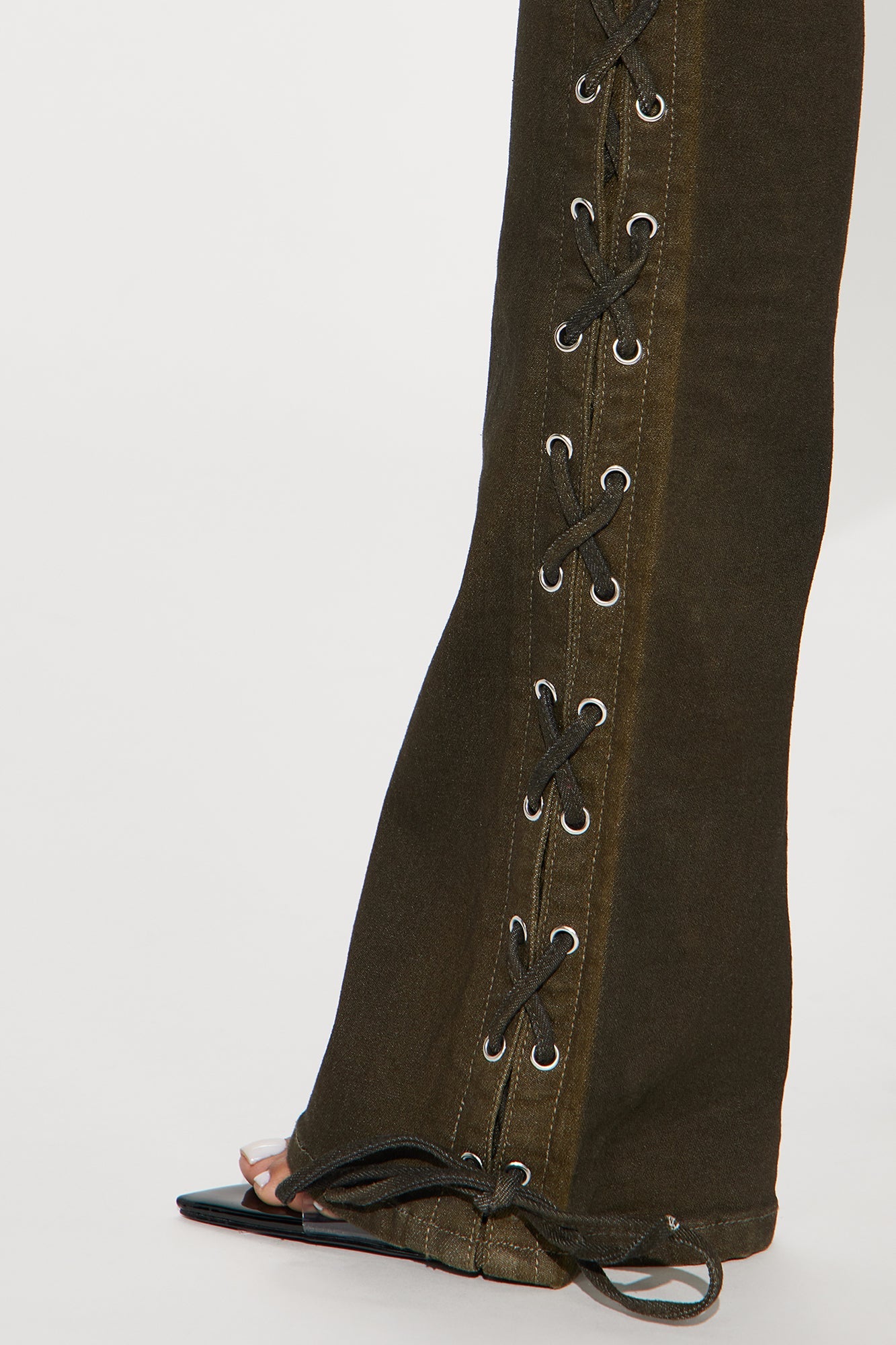 Take Notes Lace Up Stretch Bootcut Jeans - Olive