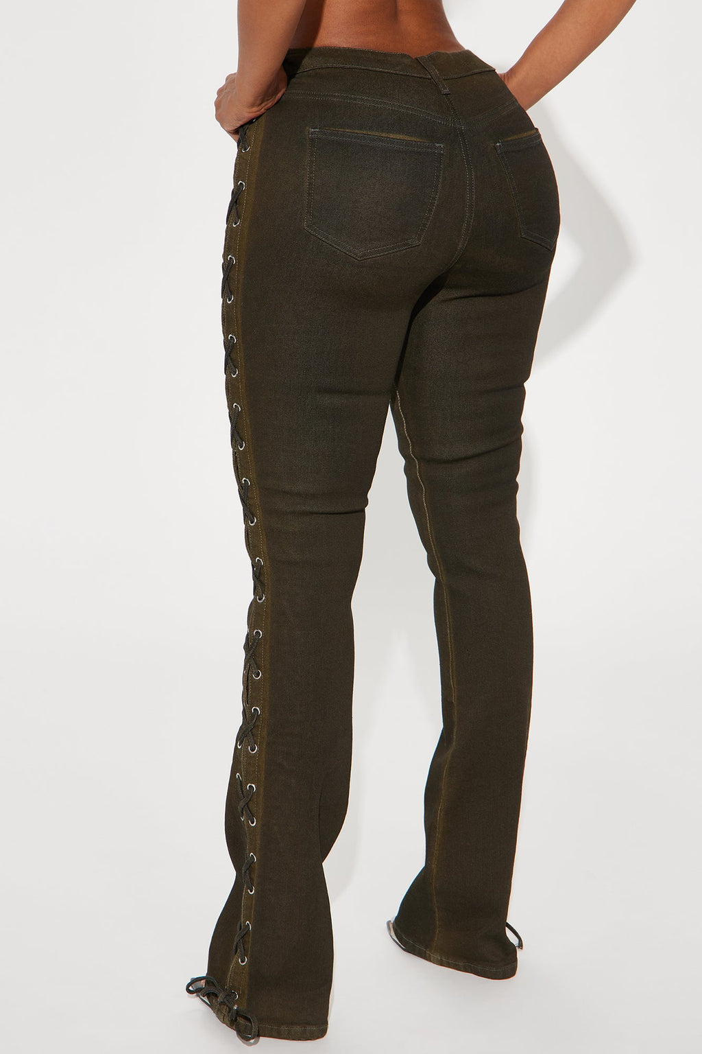 Take Notes Lace Up Stretch Bootcut Jeans - Olive