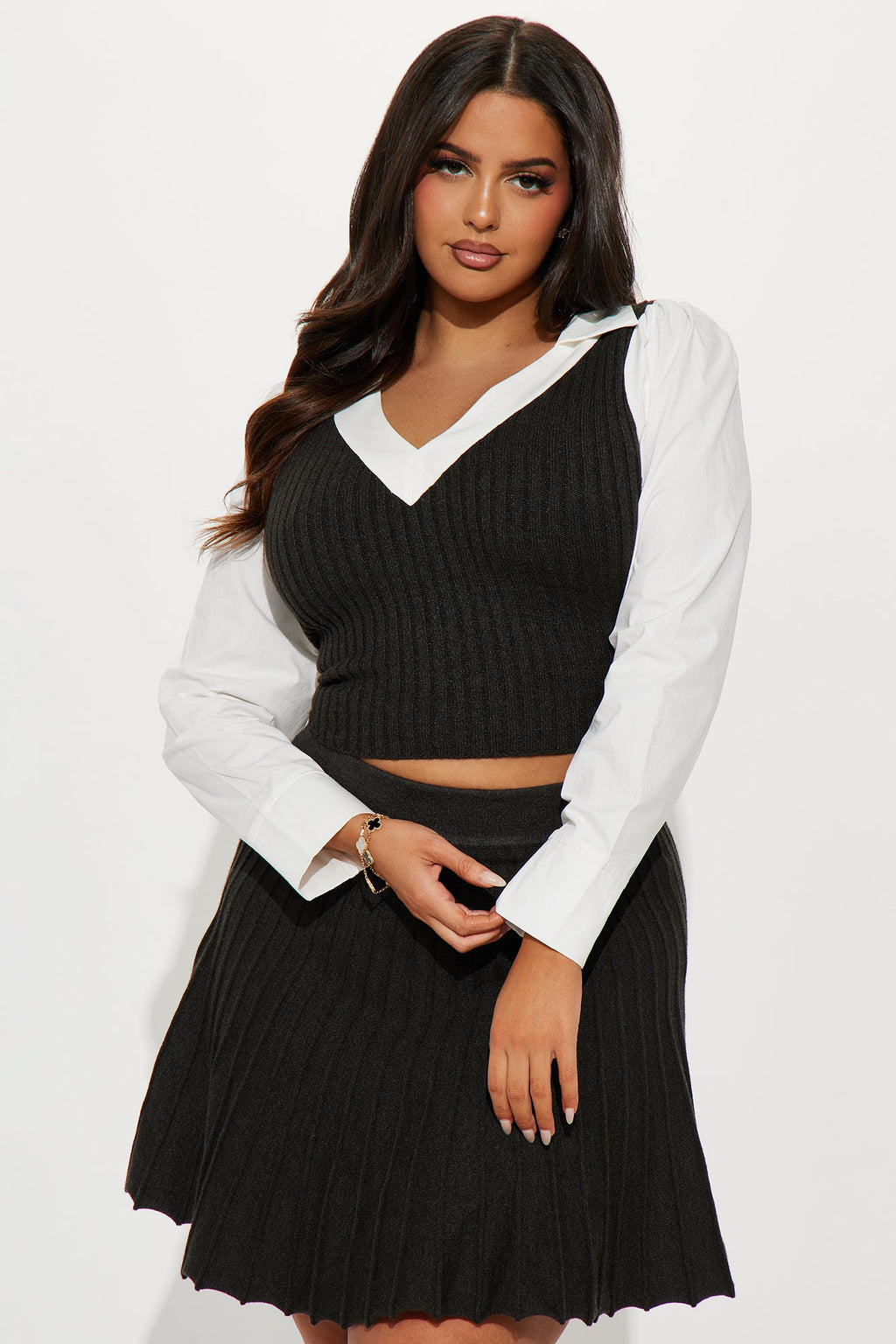 Miss Posh Sweater Pleated Skirt Set - Grey