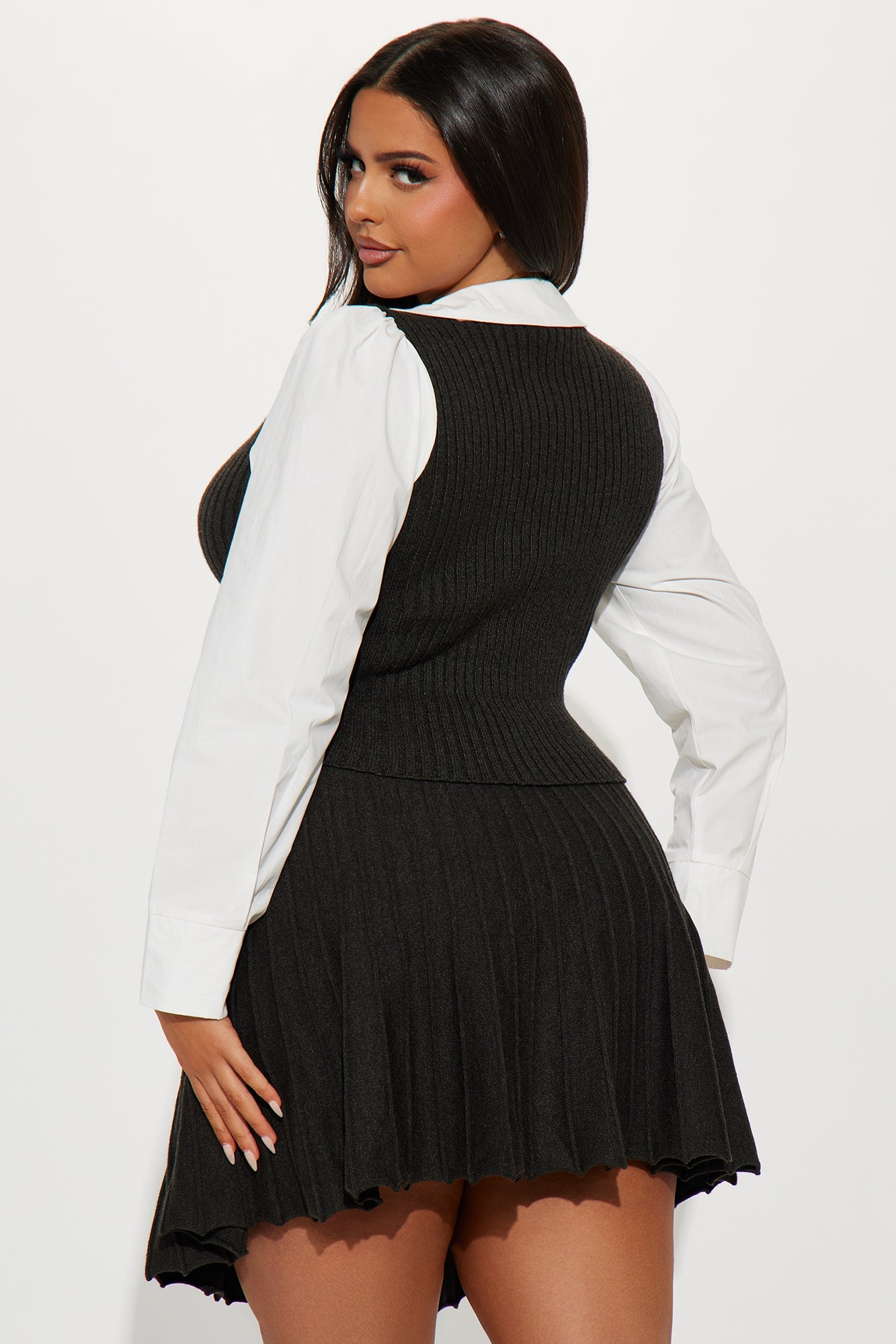 Miss Posh Sweater Pleated Skirt Set - Grey