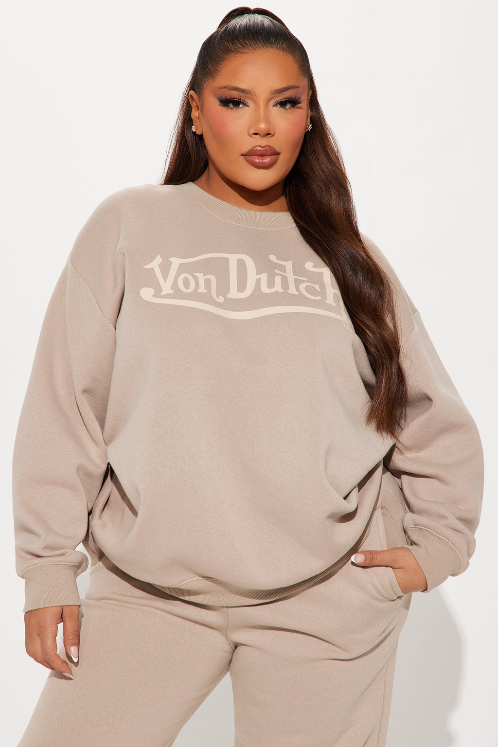 Von Dutch Distressed Crewneck Sweatshirt - Taupe