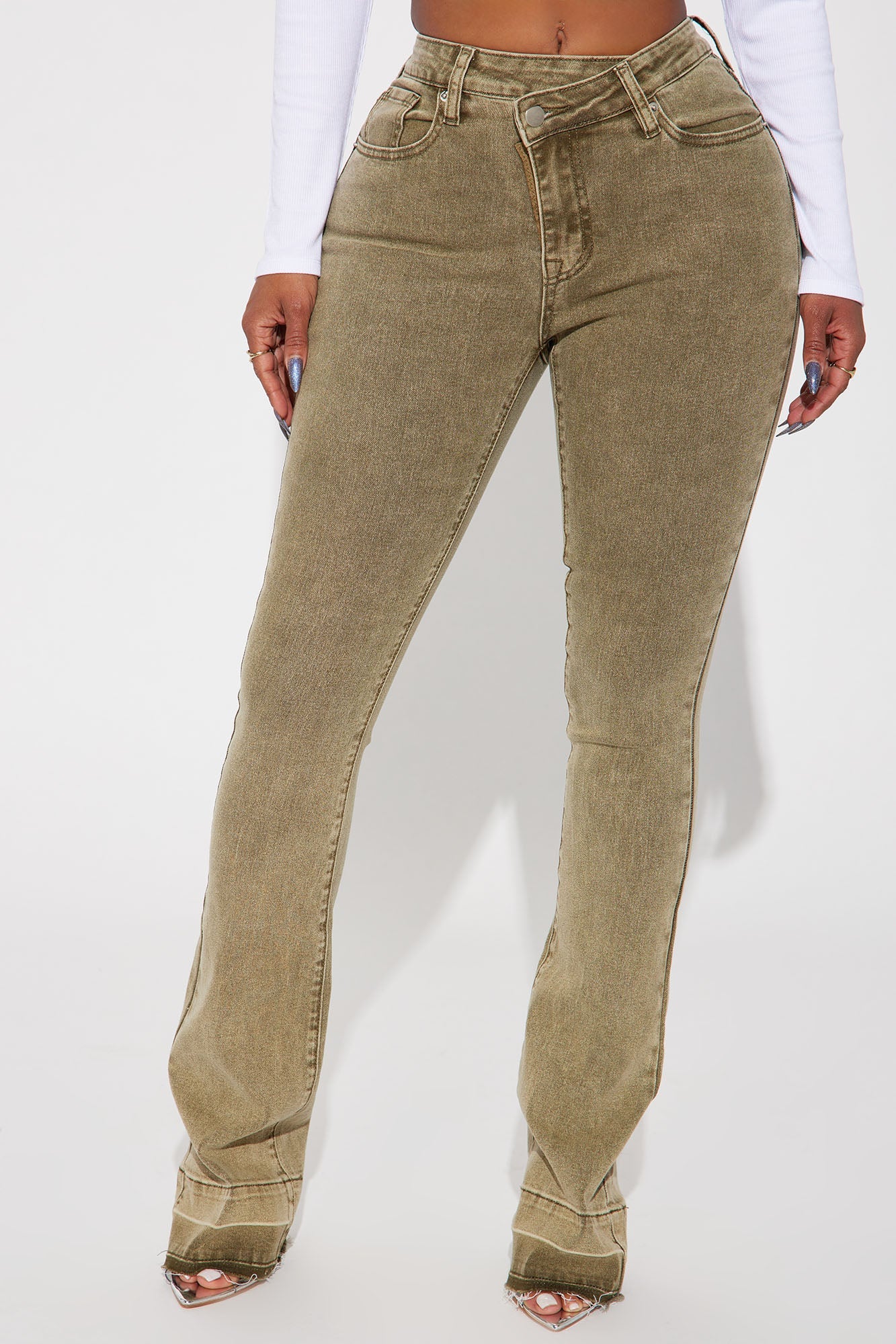 Verdant High Rise Stretch Flare Jeans - Olive