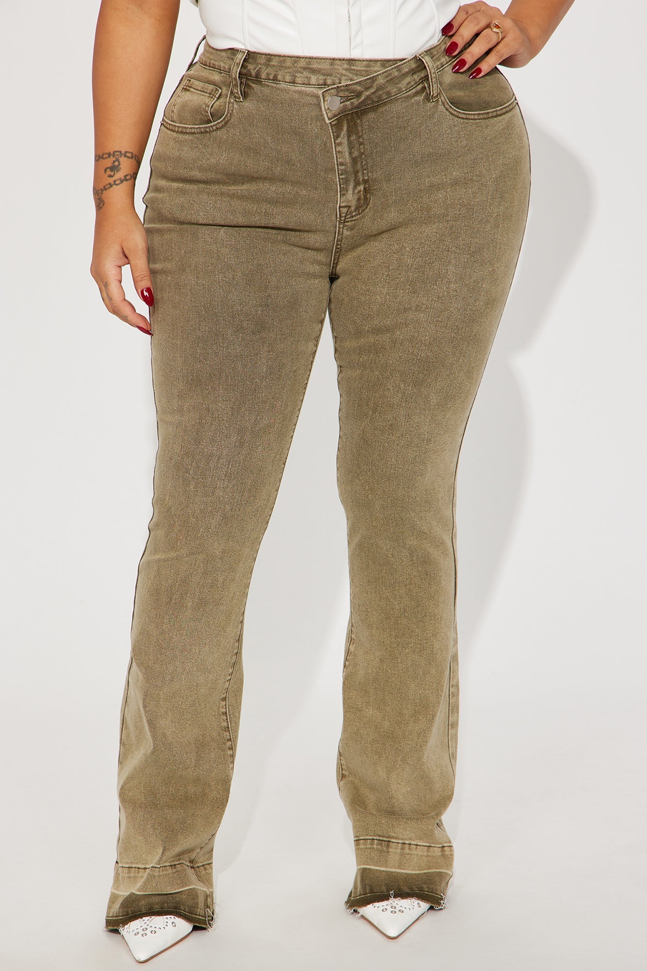 Verdant High Rise Stretch Flare Jeans - Olive
