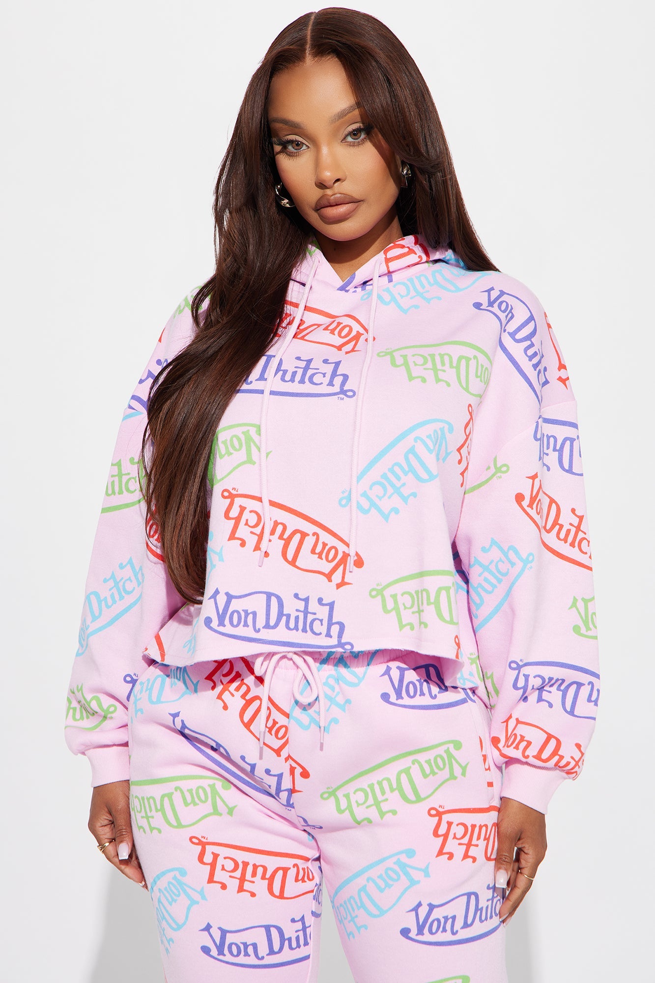 Von Dutch Colorful Logo Cropped Hoodie - Pink/combo