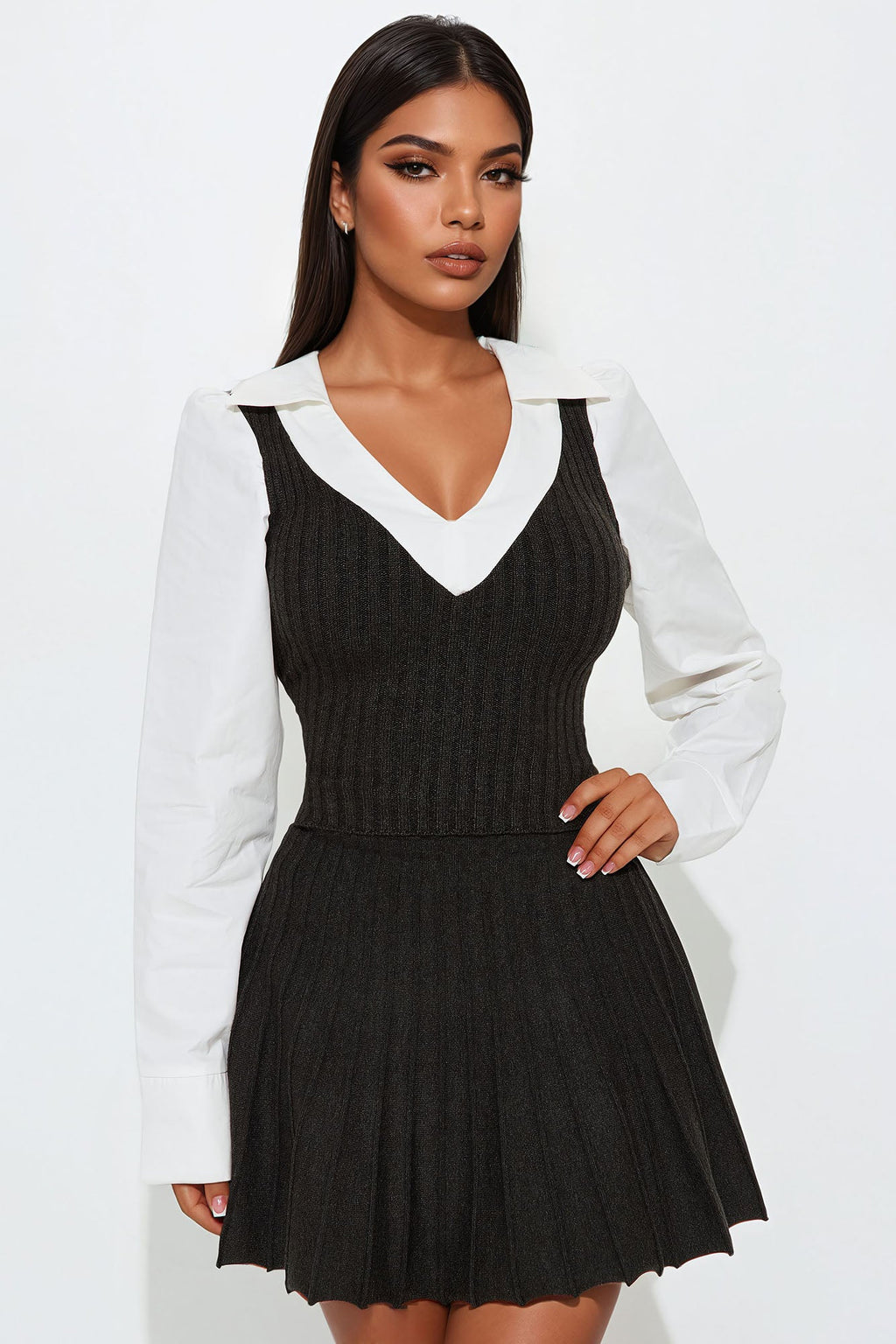 Miss Posh Sweater Pleated Skirt Set - Grey