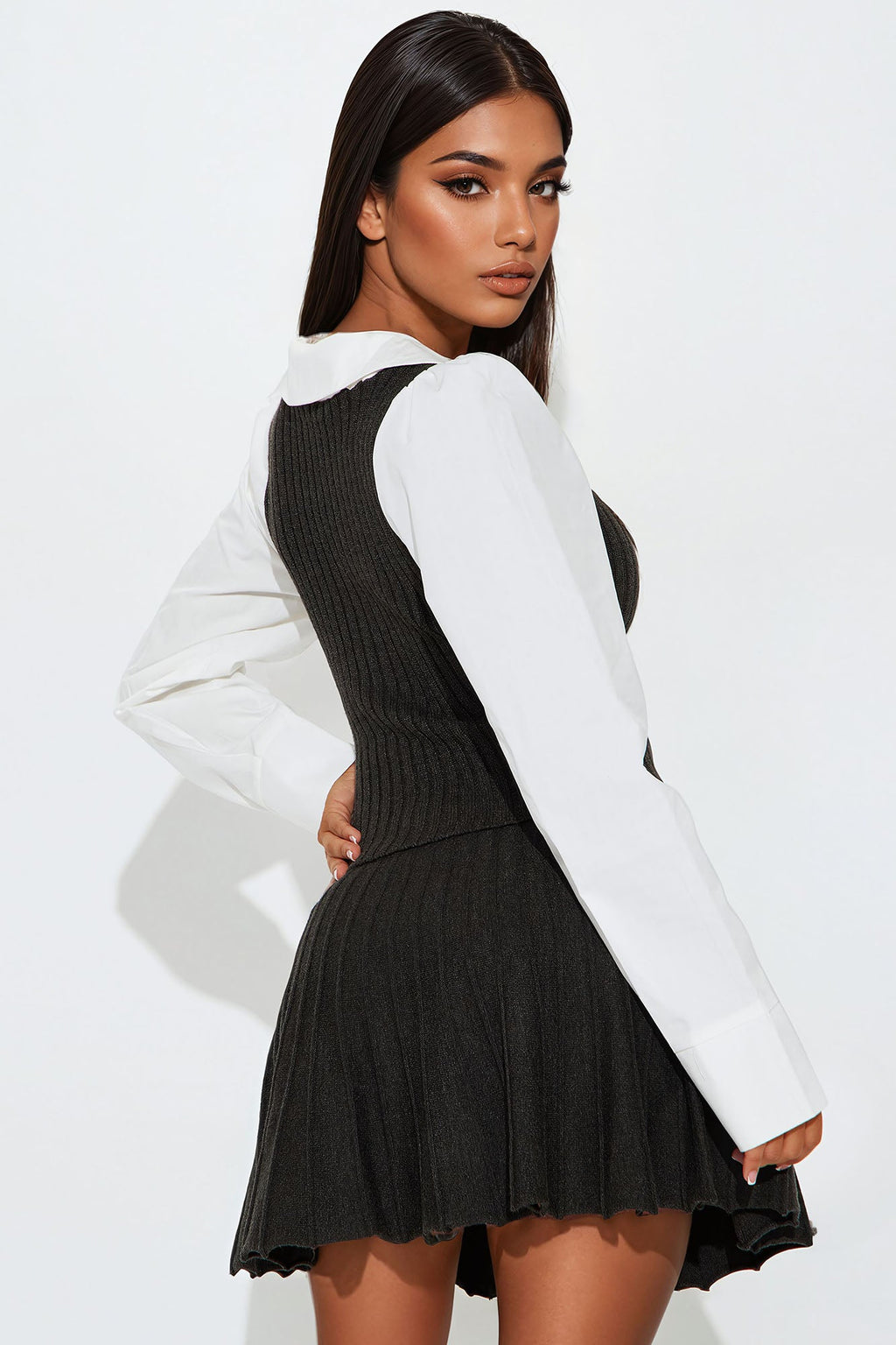 Miss Posh Sweater Pleated Skirt Set - Grey