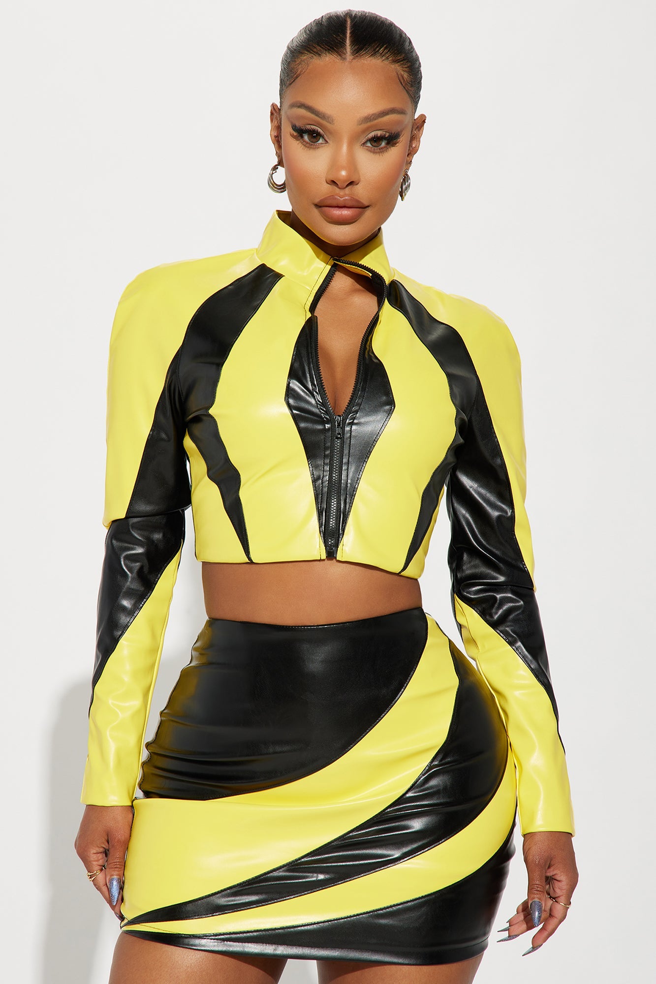 Catch A Ride Faux Leather Skirt Set - Black/Yellow