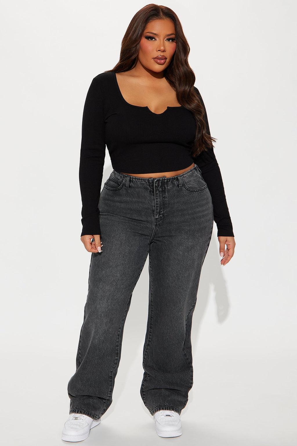 The Cut Off Waistband Straight Leg Jeans - Black Wash