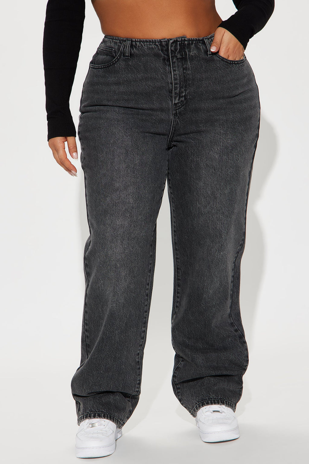 The Cut Off Waistband Straight Leg Jeans - Black Wash