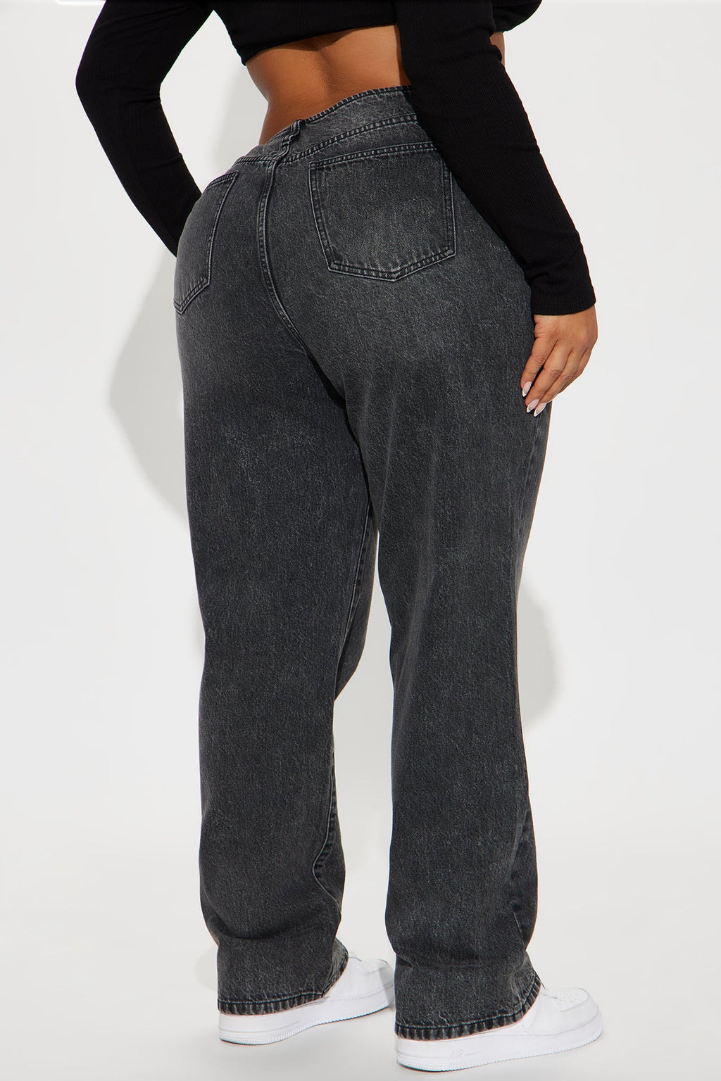 The Cut Off Waistband Straight Leg Jeans - Black Wash