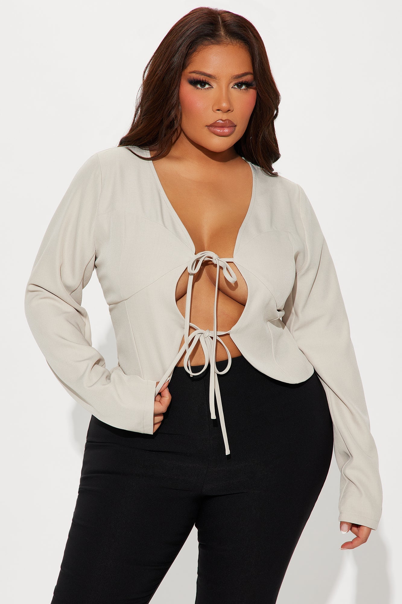 Kataya Tie Front Top - Stone