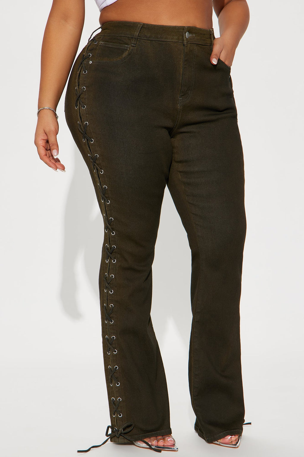 Take Notes Lace Up Stretch Bootcut Jeans - Olive