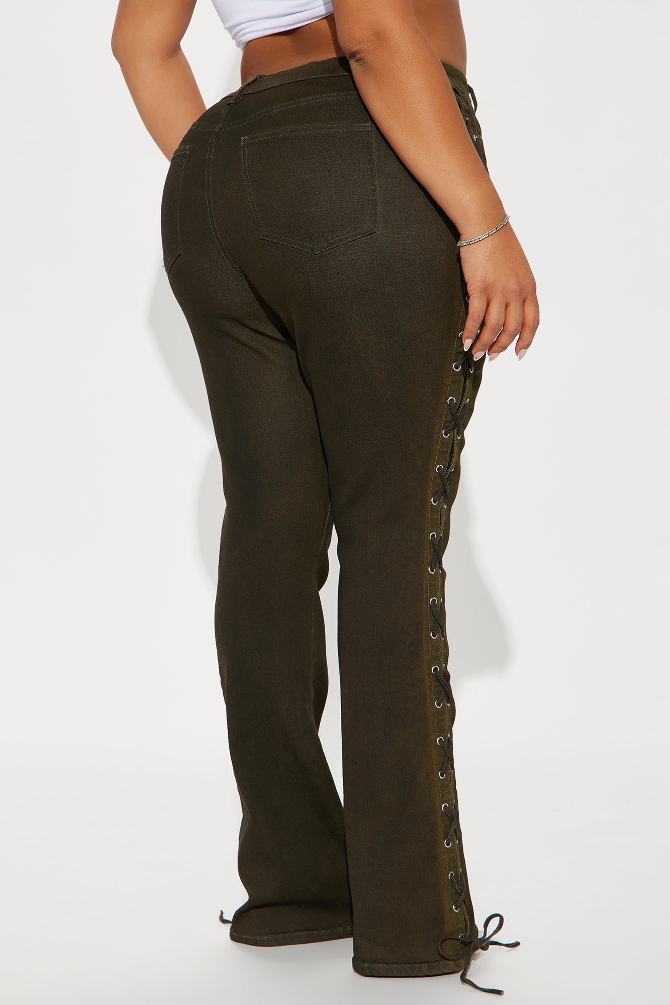Take Notes Lace Up Stretch Bootcut Jeans - Olive
