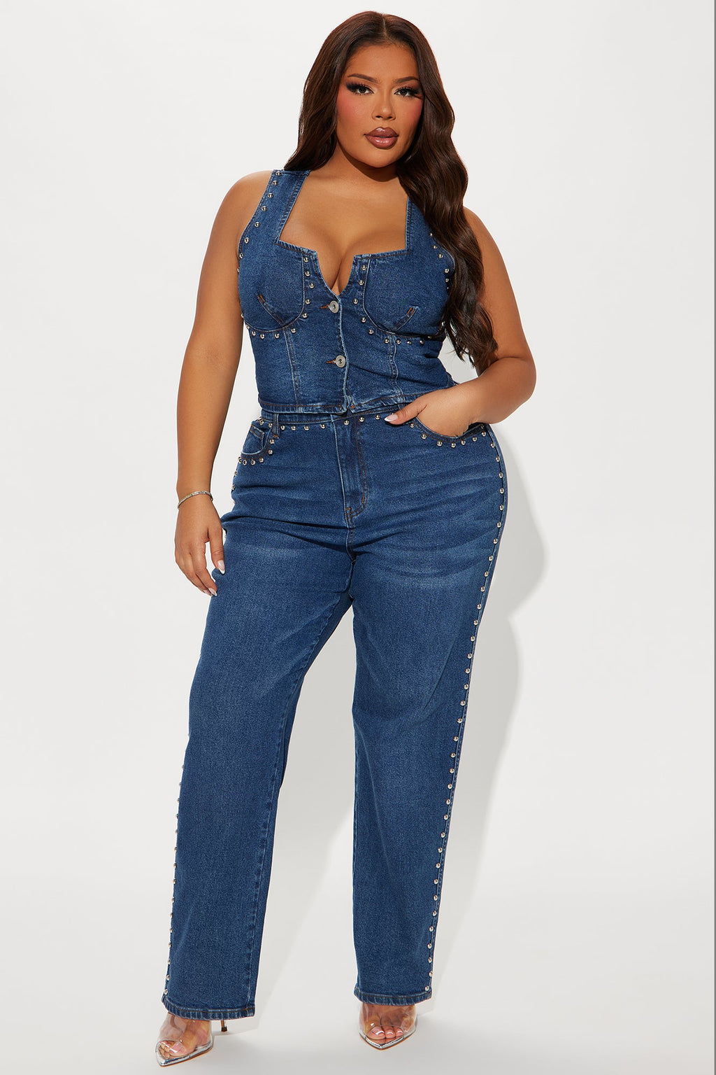 For Keeps Studded Straight Leg Jeans - Medium Wash