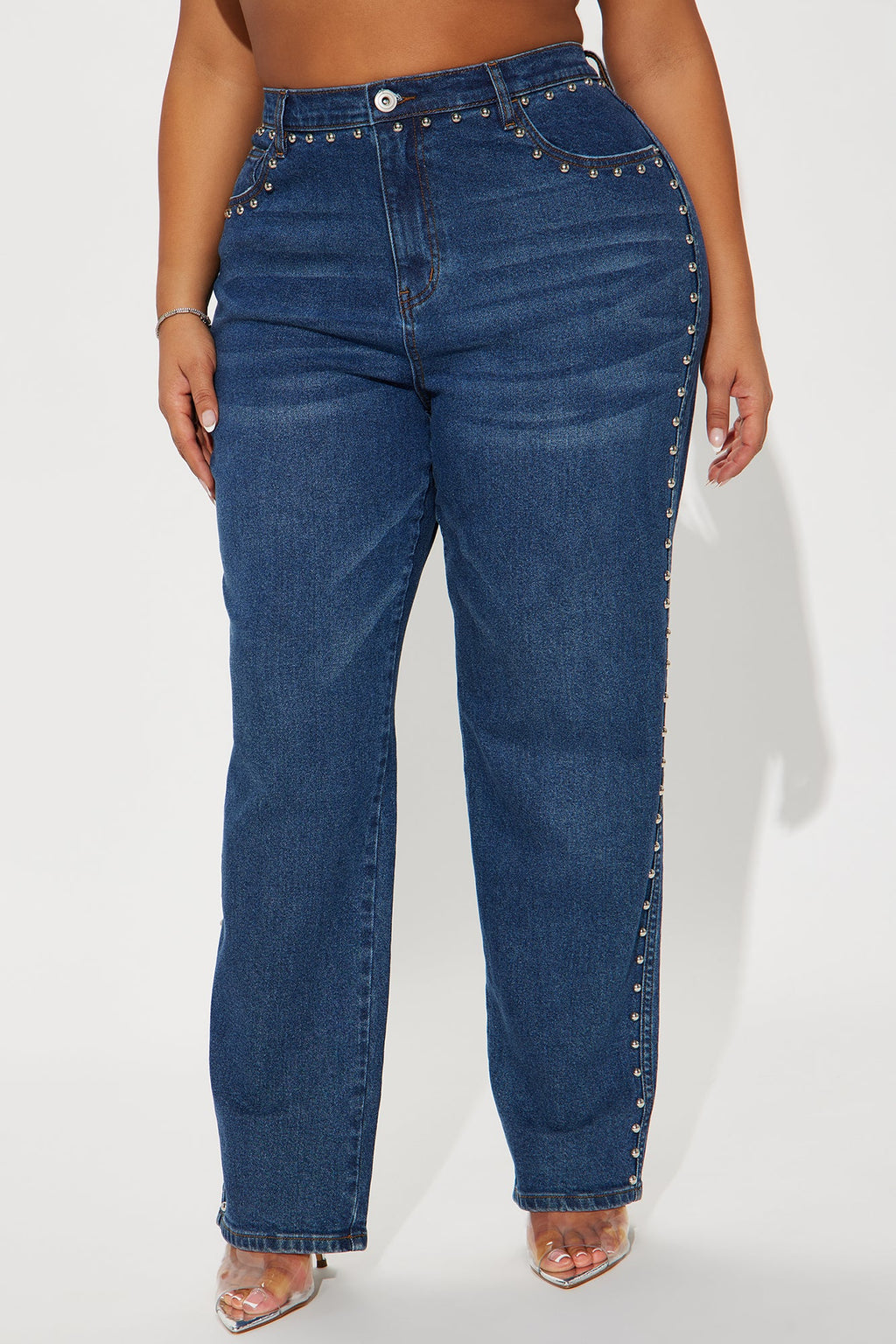 For Keeps Studded Straight Leg Jeans - Medium Wash