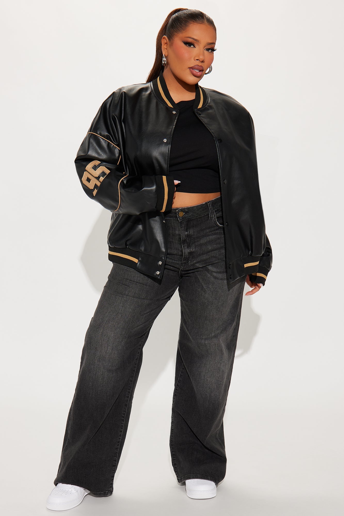 Cozy In Brooklyn Faux Leather Bomber Jacket - Black