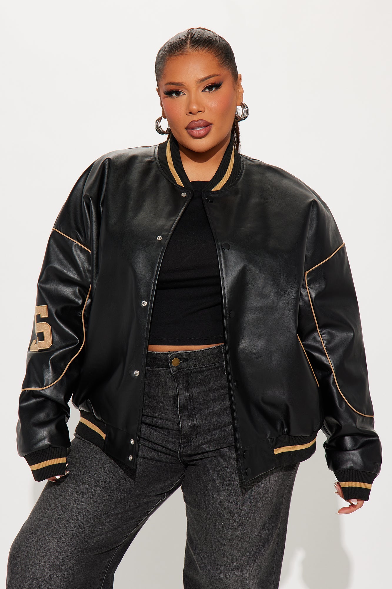 Cozy In Brooklyn Faux Leather Bomber Jacket - Black