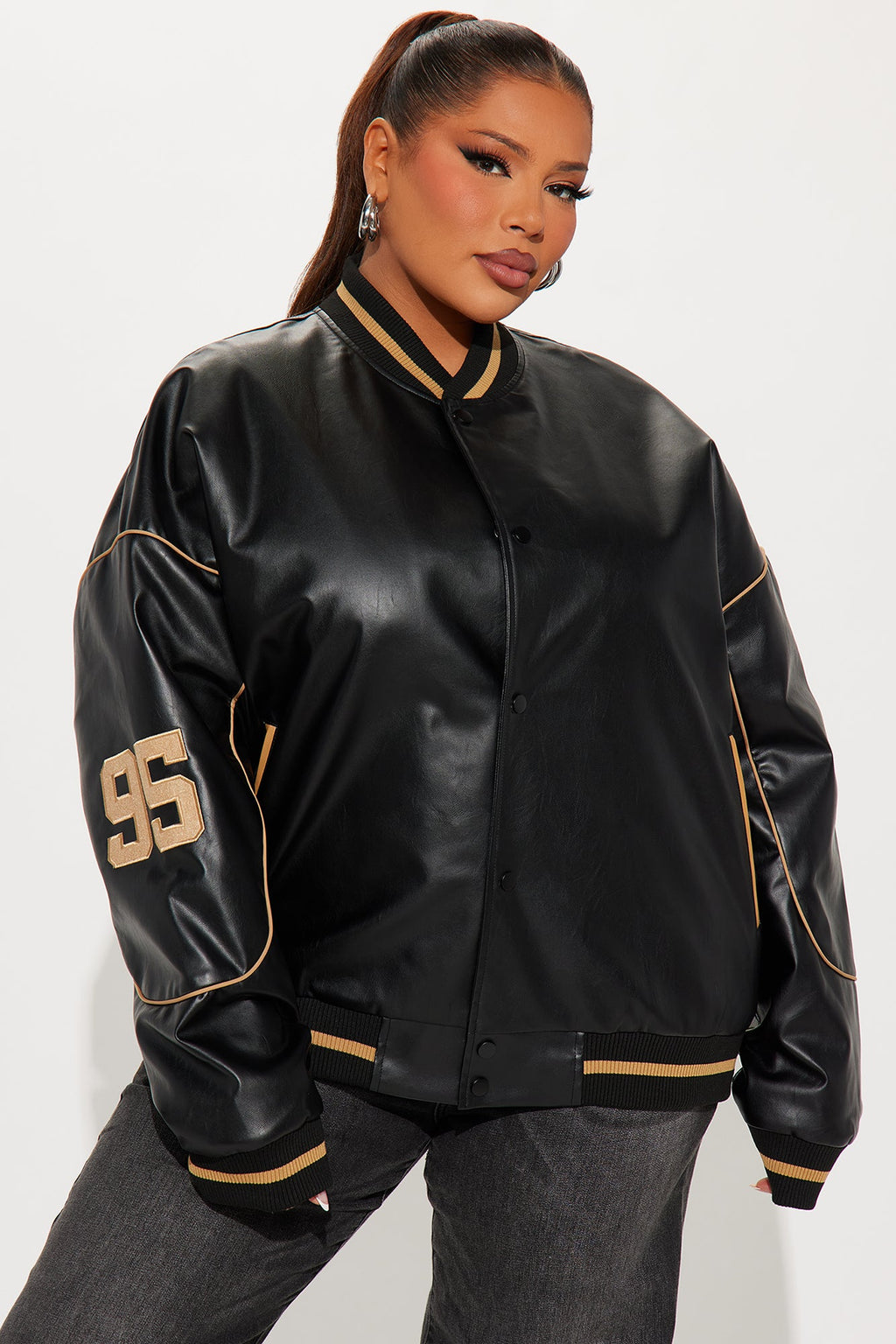 Cozy In Brooklyn Faux Leather Bomber Jacket - Black