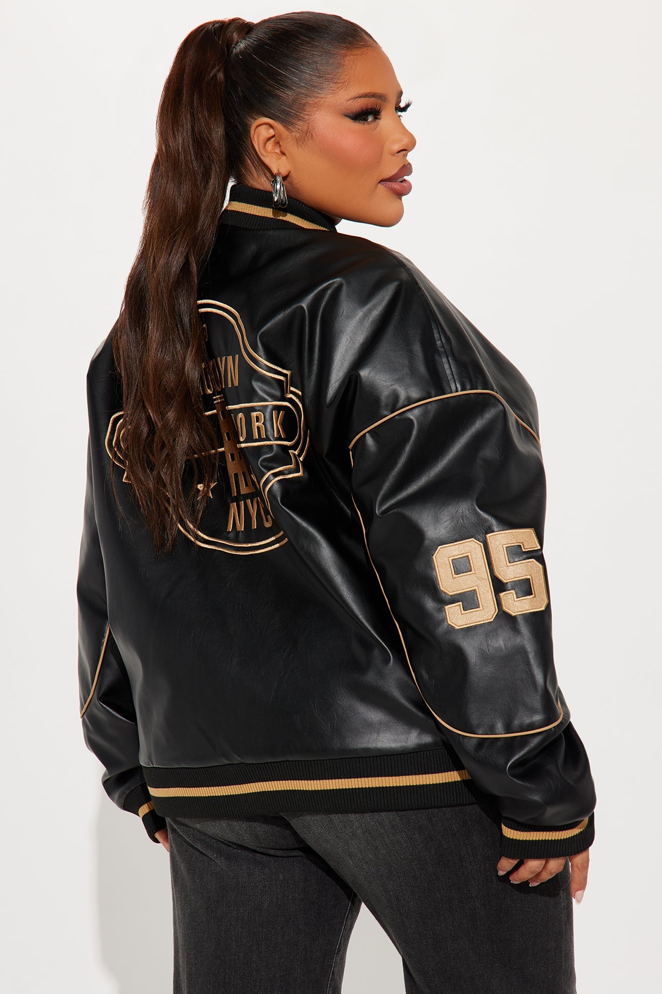 Cozy In Brooklyn Faux Leather Bomber Jacket - Black