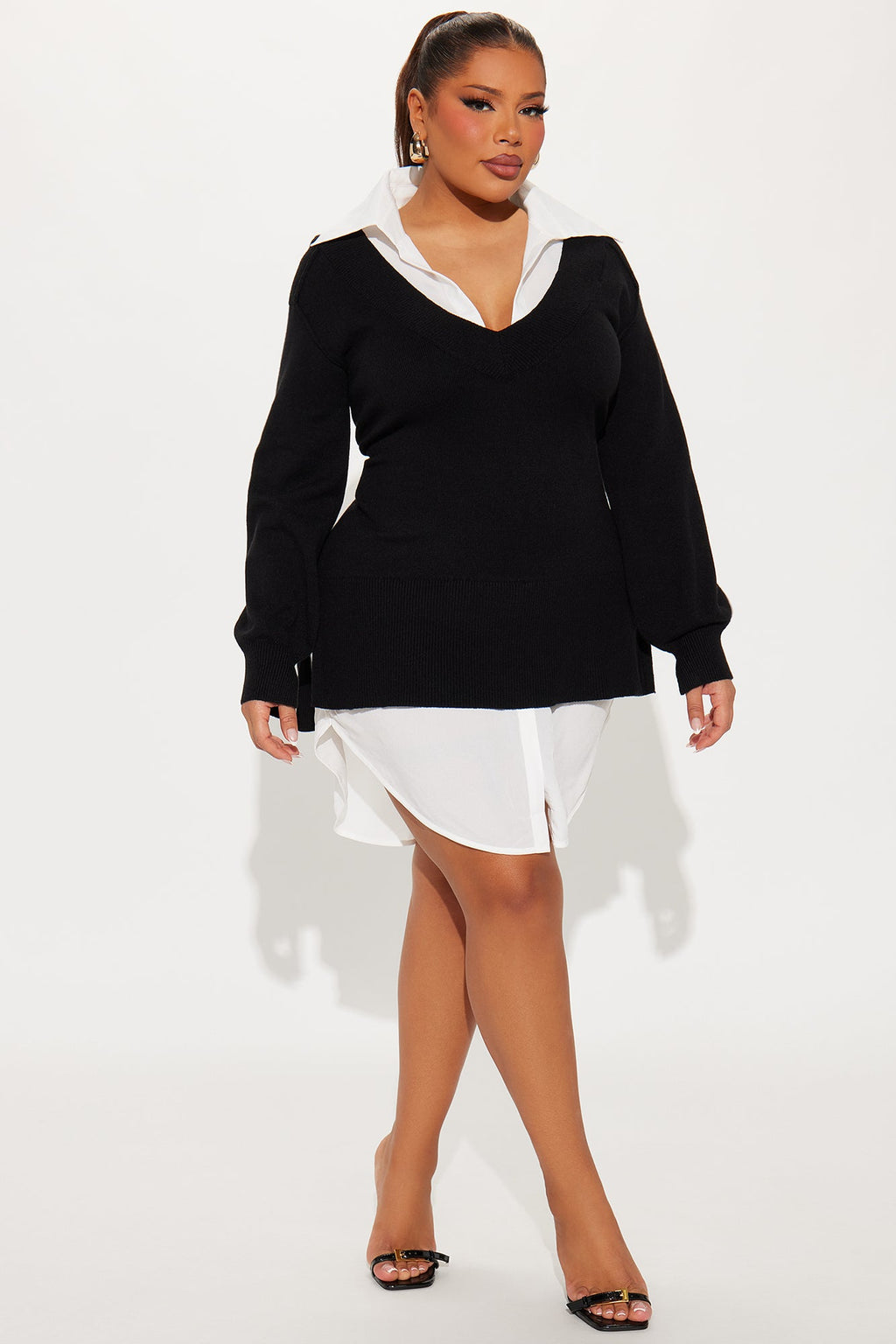 Hard Worker Sweater Shirt Mini Dress - Black/White