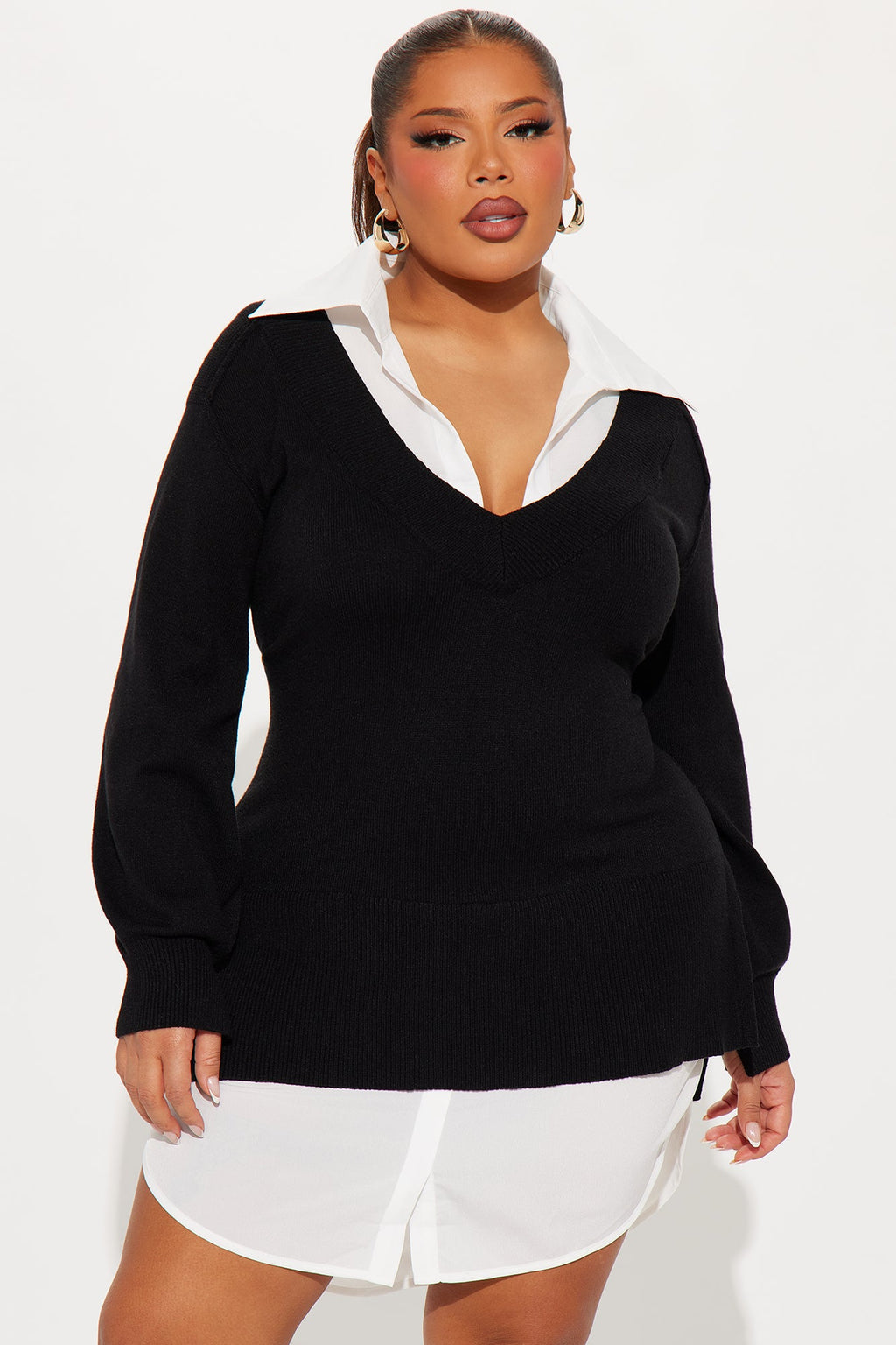 Hard Worker Sweater Shirt Mini Dress - Black/White