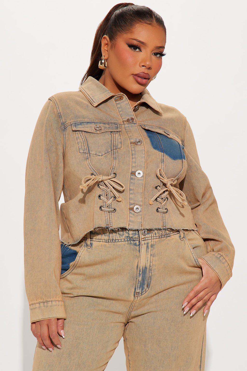 Big Attraction Tinted Lace Up Denim Jacket - Mocha