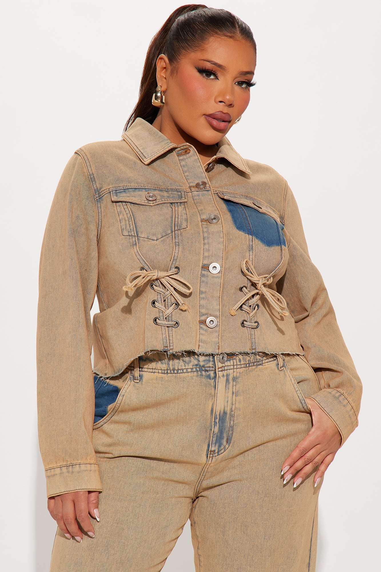 Big Attraction Tinted Lace Up Denim Jacket - Mocha