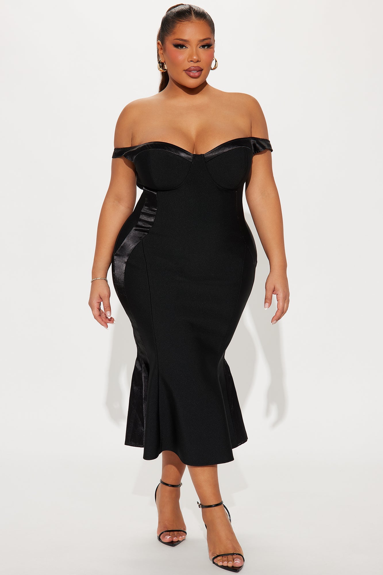 Magnetic Off Shoulder Bandage Midi Dress - Black