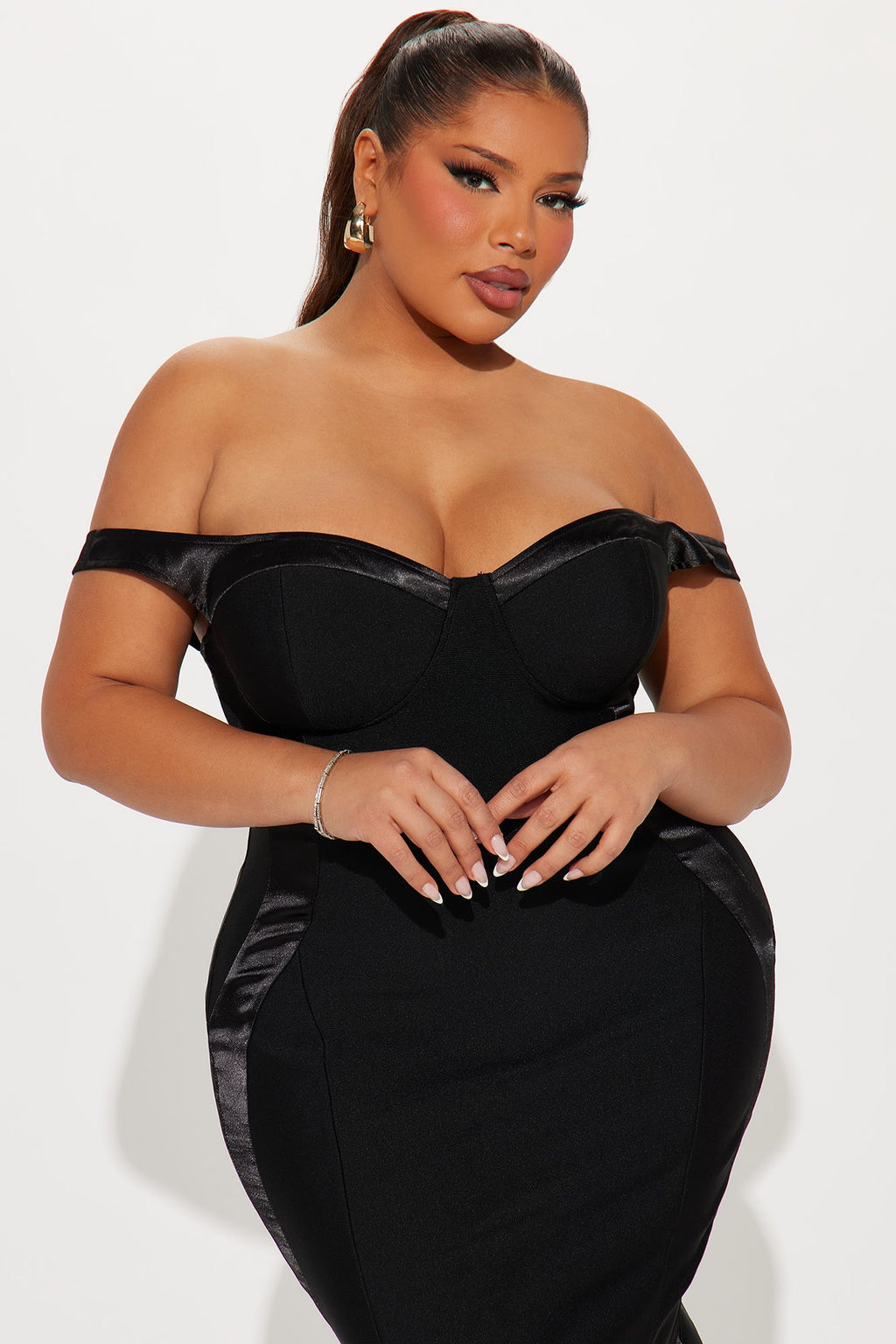 Magnetic Off Shoulder Bandage Midi Dress - Black
