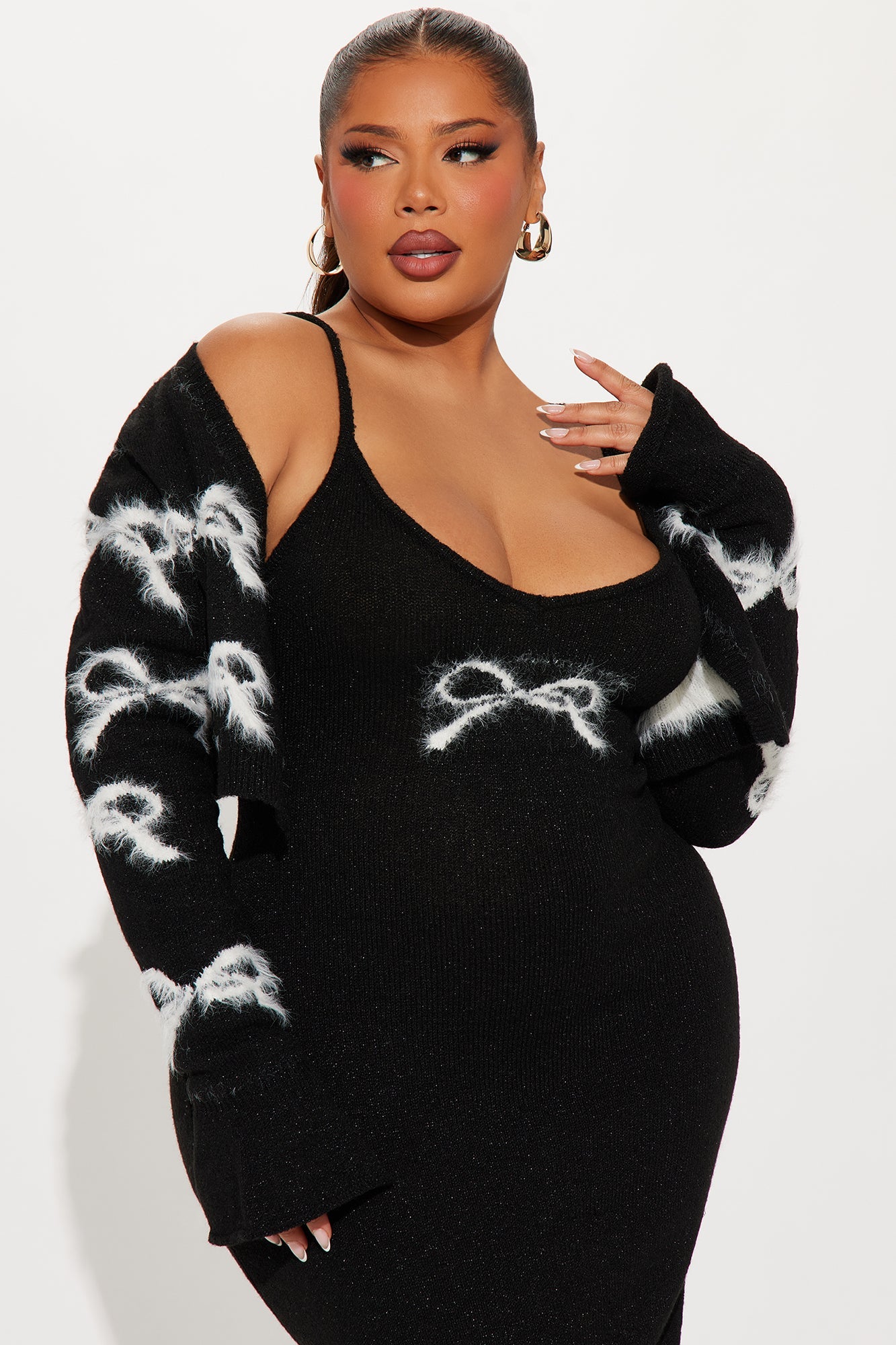 Pretty Bow Sweater Midi Dress and Cardigan Set - Black/White