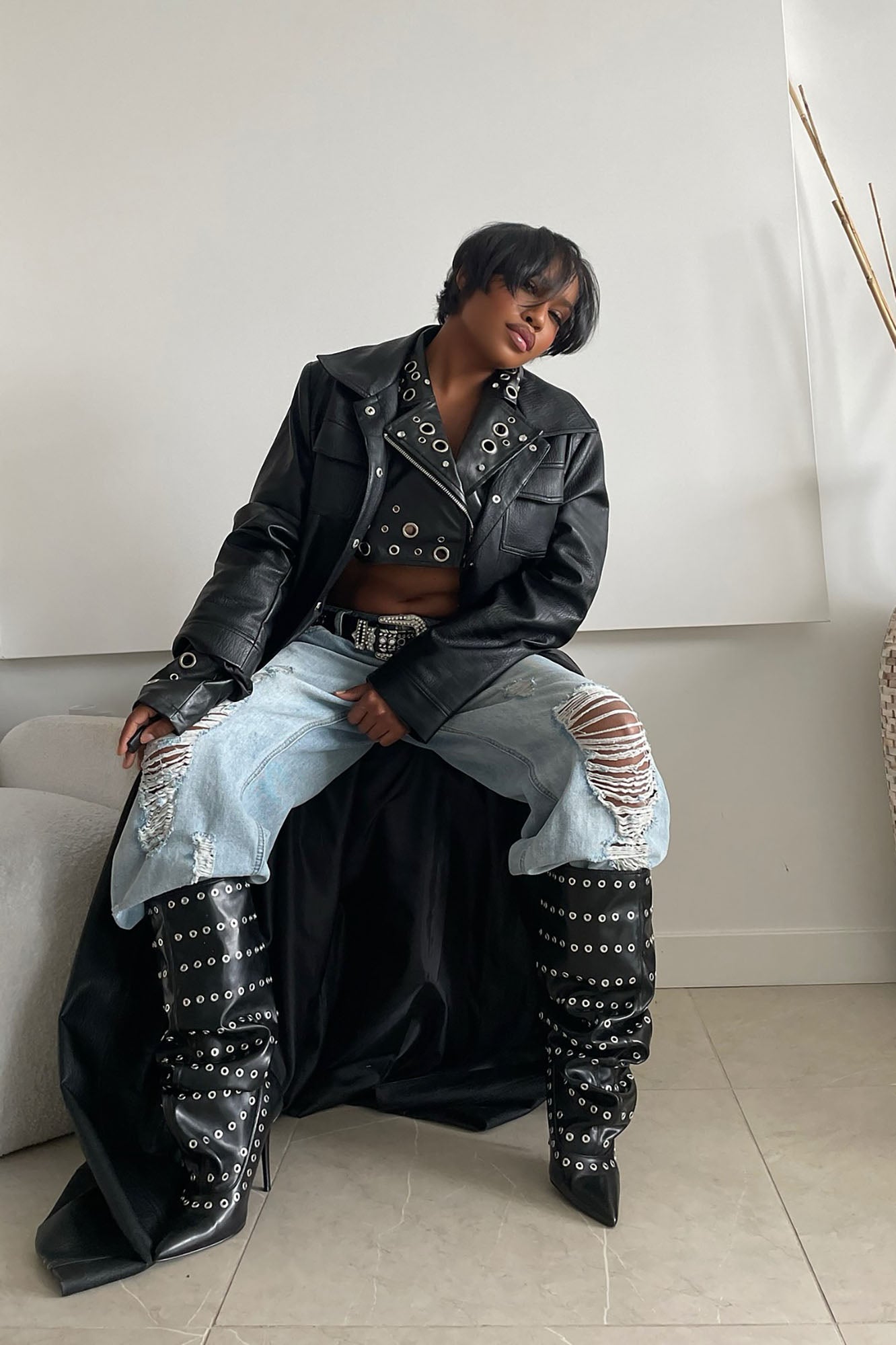 Holes In Your Story Cropped Faux Leather Jacket - Black