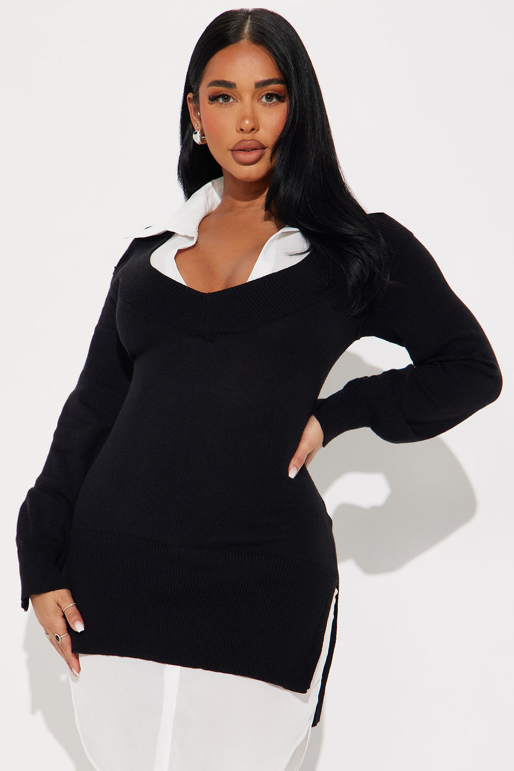 Hard Worker Sweater Shirt Mini Dress - Black/White