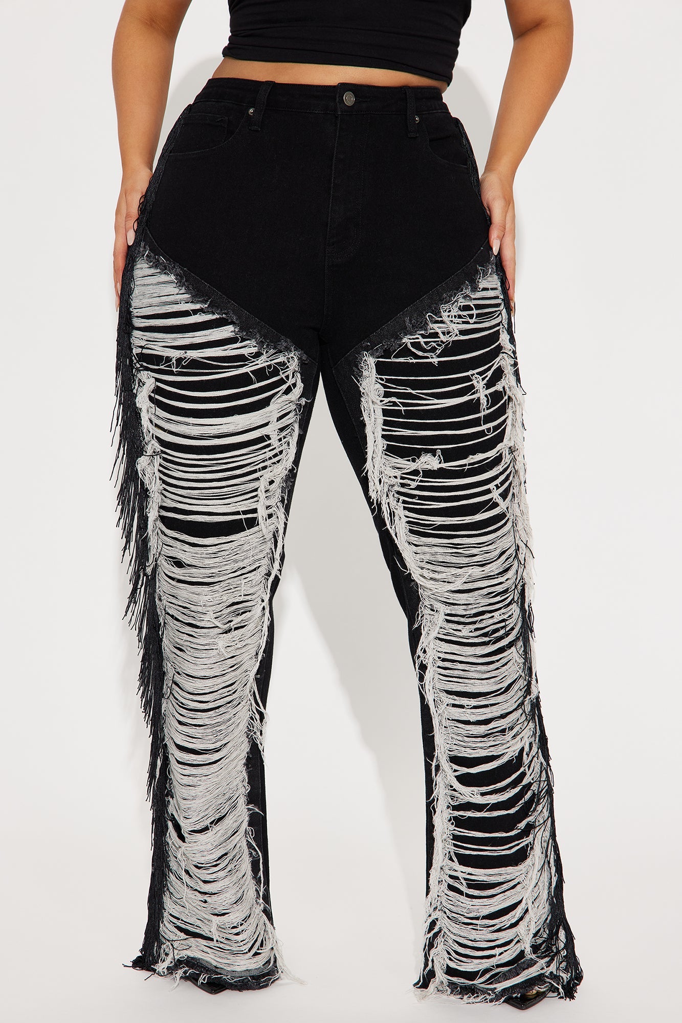 Make It Hotter Ripped Fringe Straight Leg Jeans - Black Wash