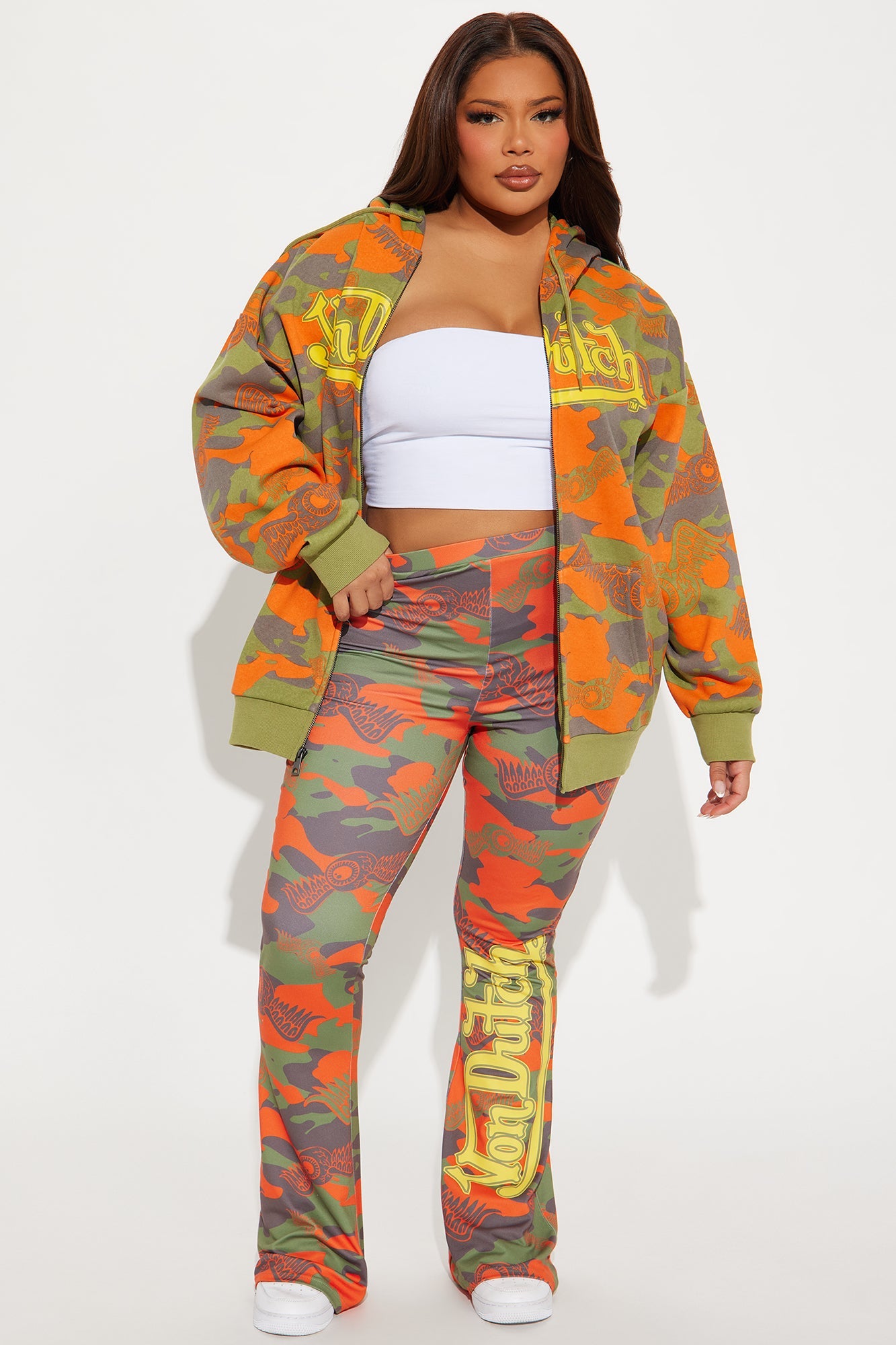 Von Dutch Embroidered Camo Flare Pant - Olive/combo