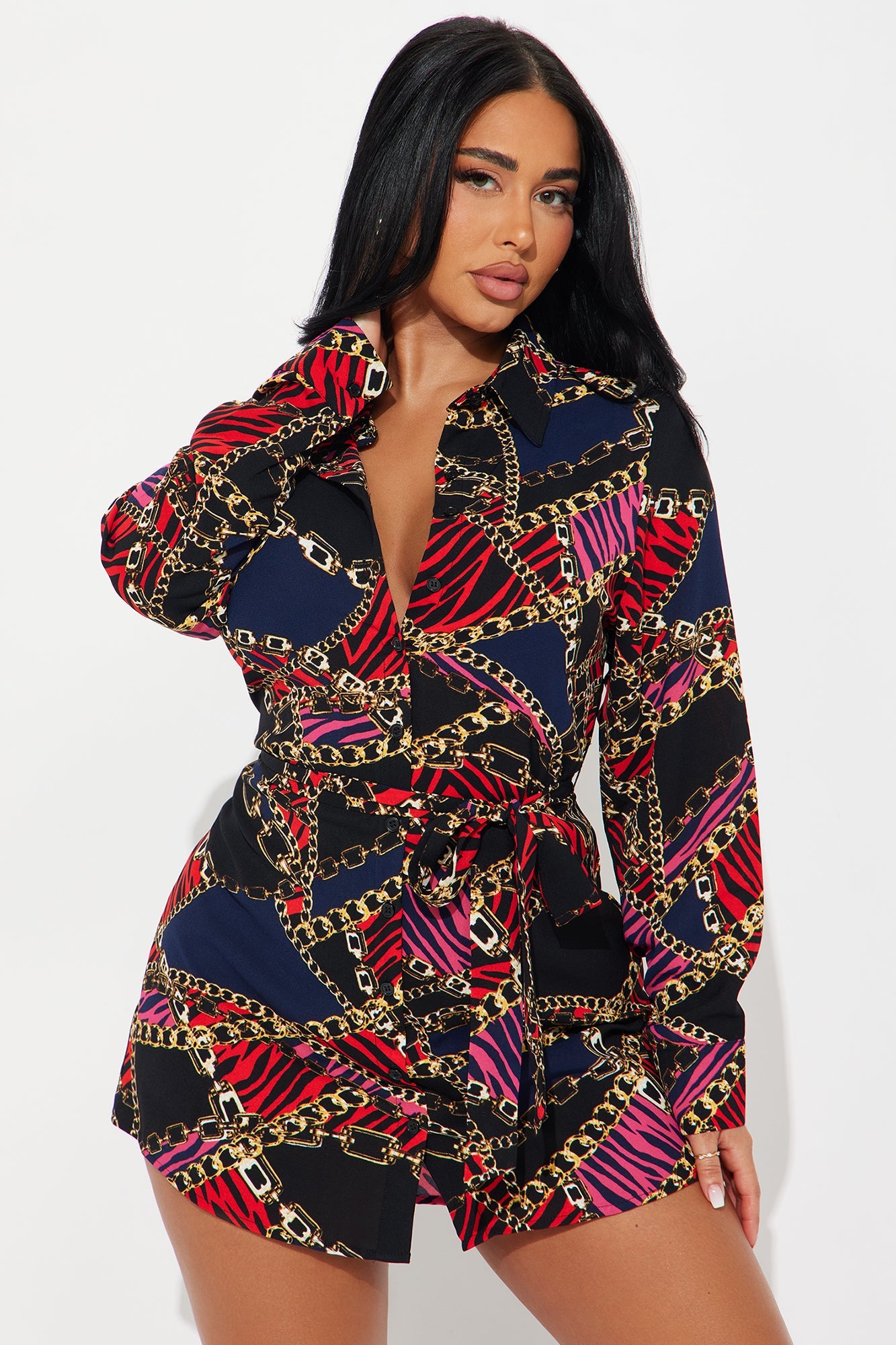 Goal Getter Belted Mini Shirt Dress - Black/combo