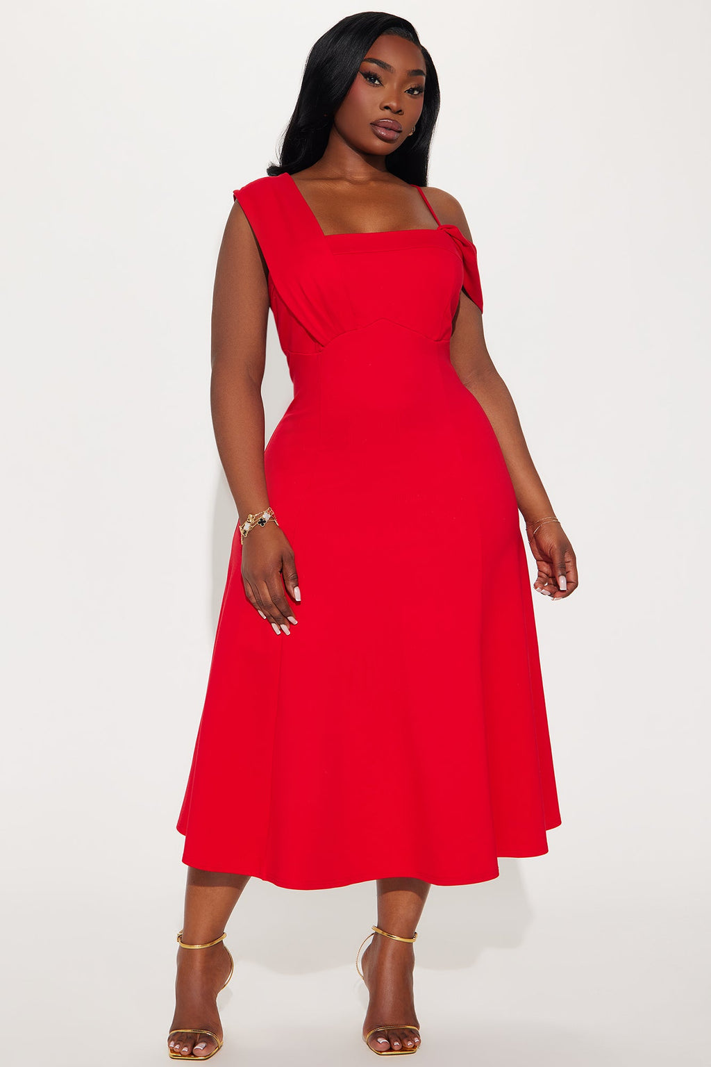 Monica Asymmetrical Midi Dress - Red