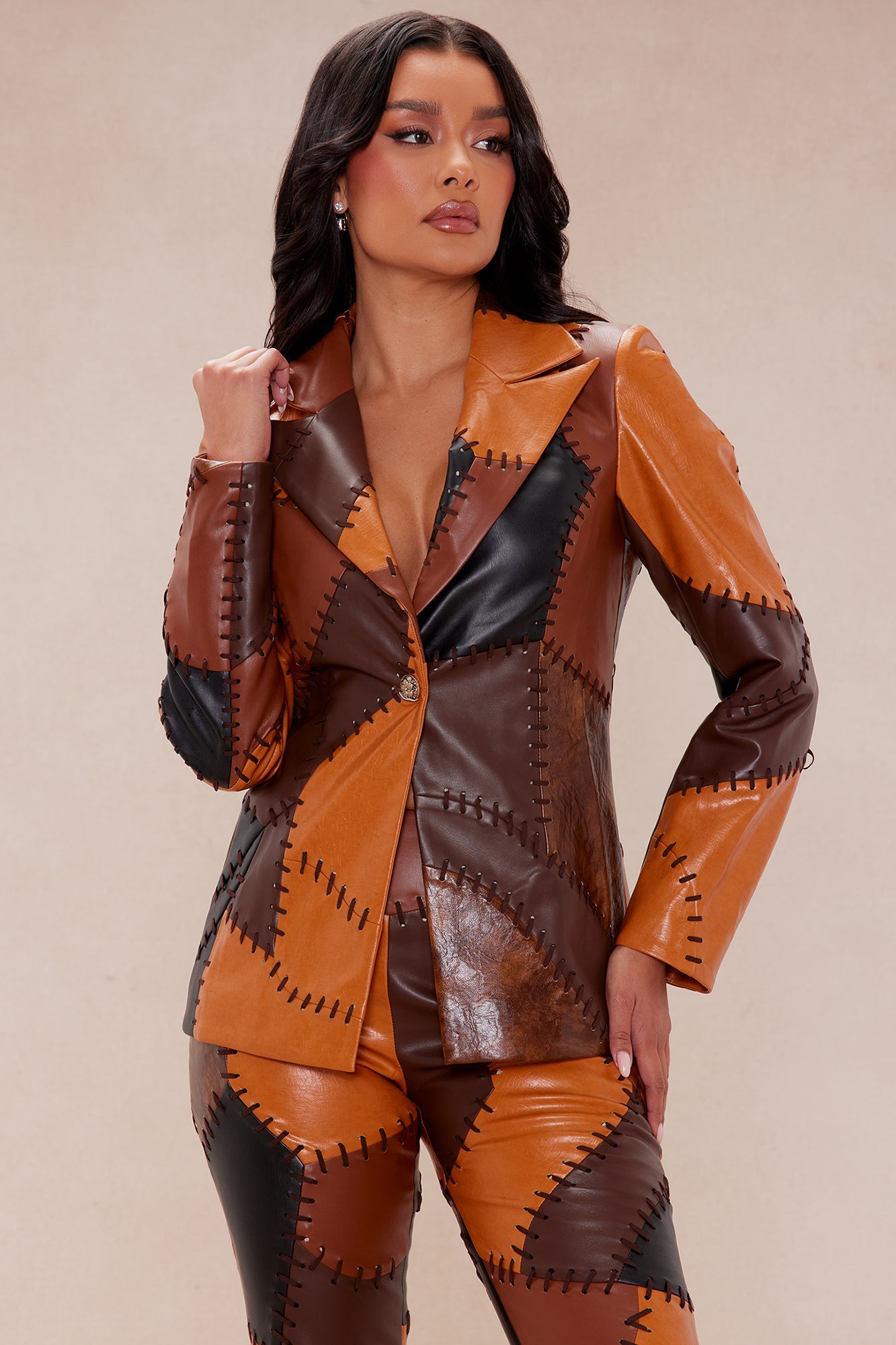 Sally Faux Leather Blazer - Brown/combo