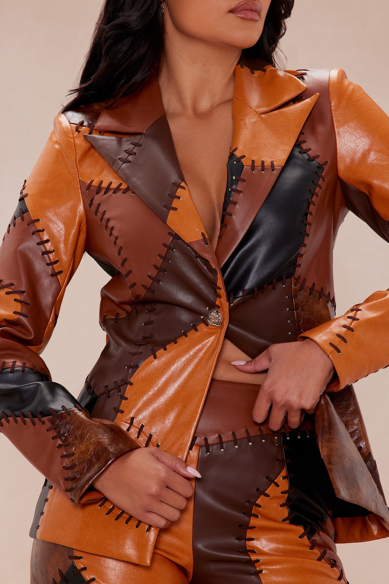 Sally Faux Leather Blazer - Brown/combo