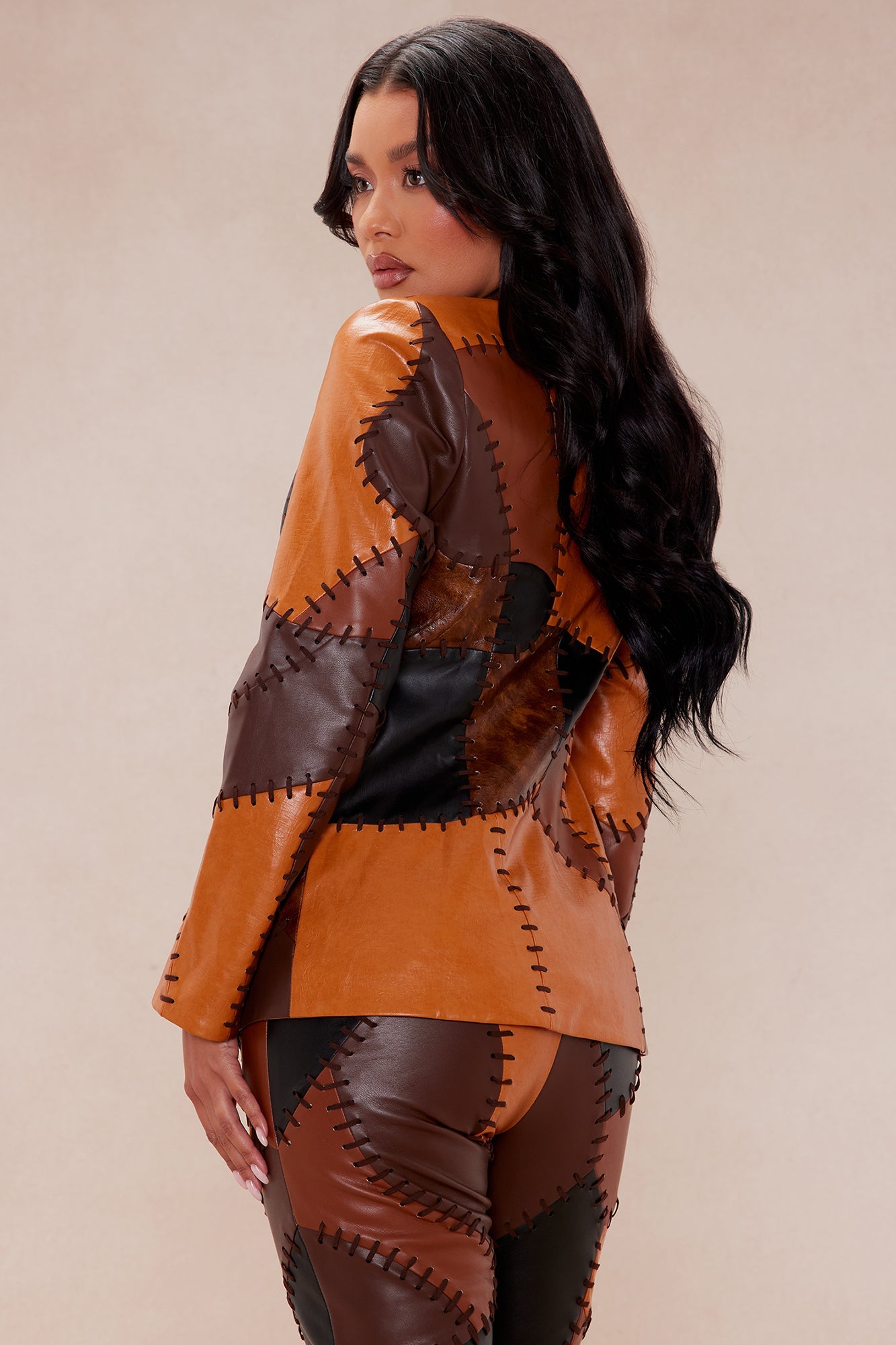 Sally Faux Leather Blazer - Brown/combo