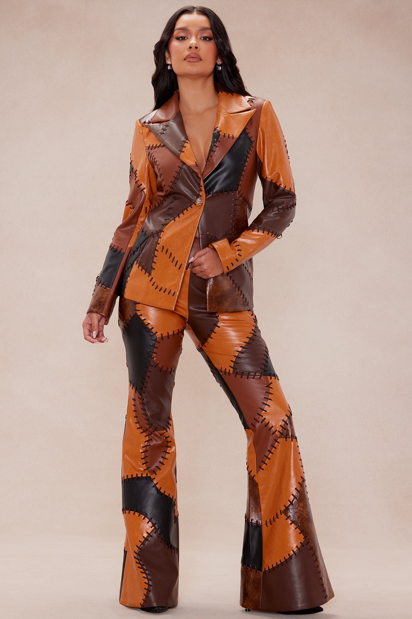 Sally Faux Leather Flare Pant - Brown/combo