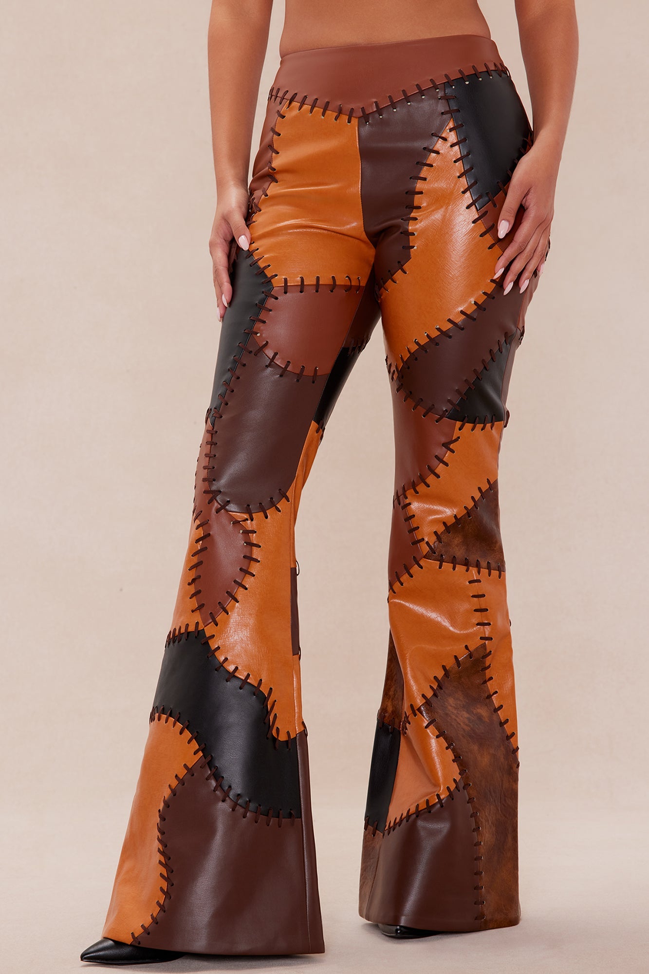 Sally Faux Leather Flare Pant - Brown/combo
