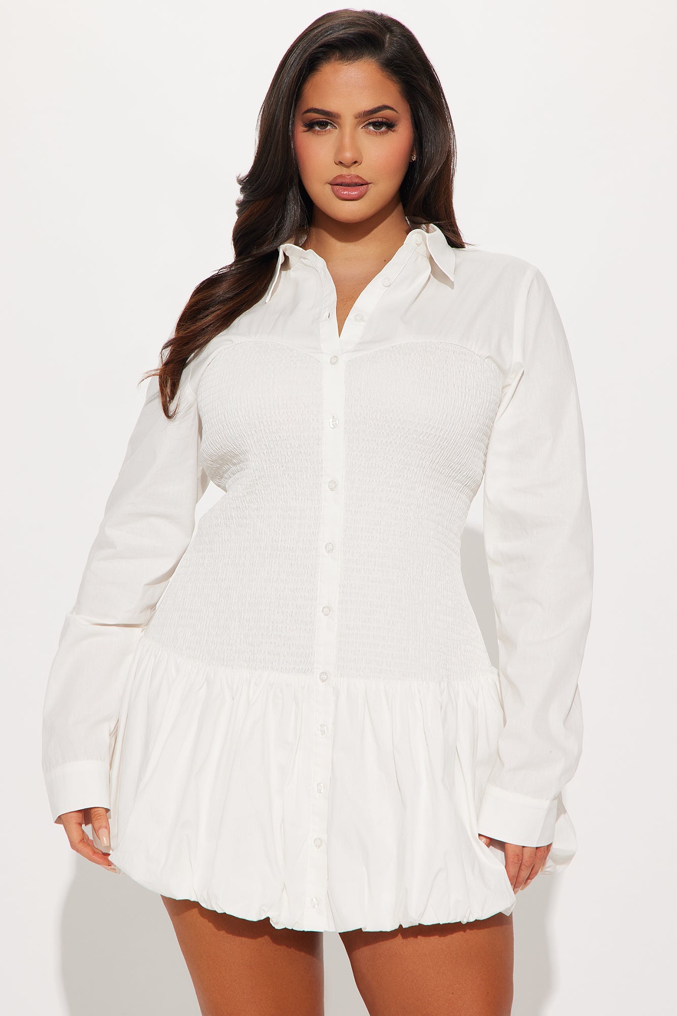 Natalia Bubble Mini Shirt Dress - White